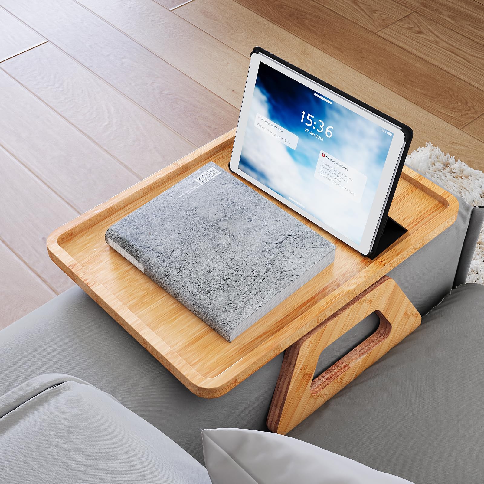 Bamboo Folding Sofa Tray with Clip - Couch Armrest Tray for Drinks, Snacks, Phone & Remote Control | Natural Wood | Perfect for Living Room, Bedroom & Home Office Use