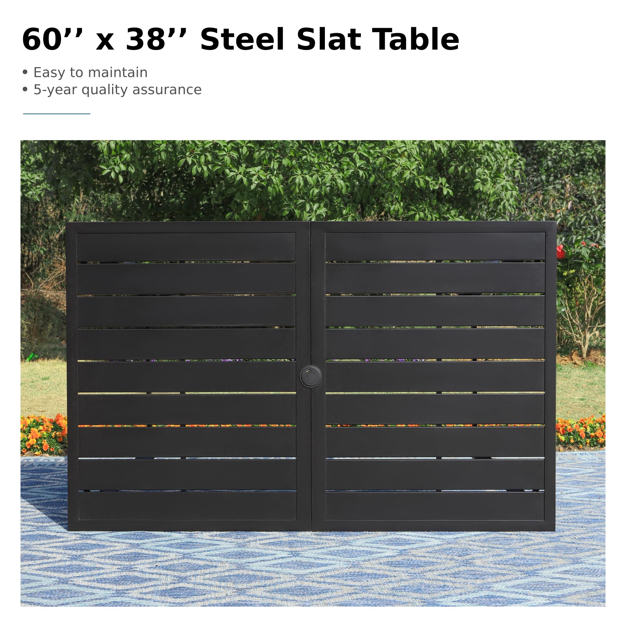 MFSTUDIO 6-Piece Patio Dining Set with Navy Blue Umbrella - Steel Frame Rectangular Table & Stackable Chairs for Outdoor Entertaining (Base Not Included) | Perfect for Backyard BBQs, Poolside Gatherings & Garden Parties