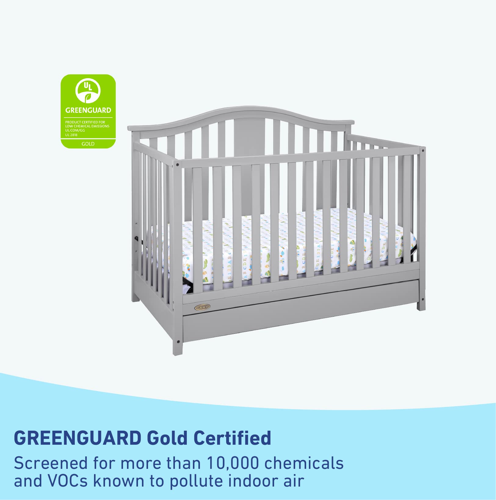 Graco Solano 4-in-1 Convertible Crib with Storage Drawer in Pebble Gray – GREENGUARD Gold Certified, Converts to Toddler & Full-Size Bed | Safe Nursery Furniture for Baby & Kids Room | Space-Saving Design with Built-in Storage