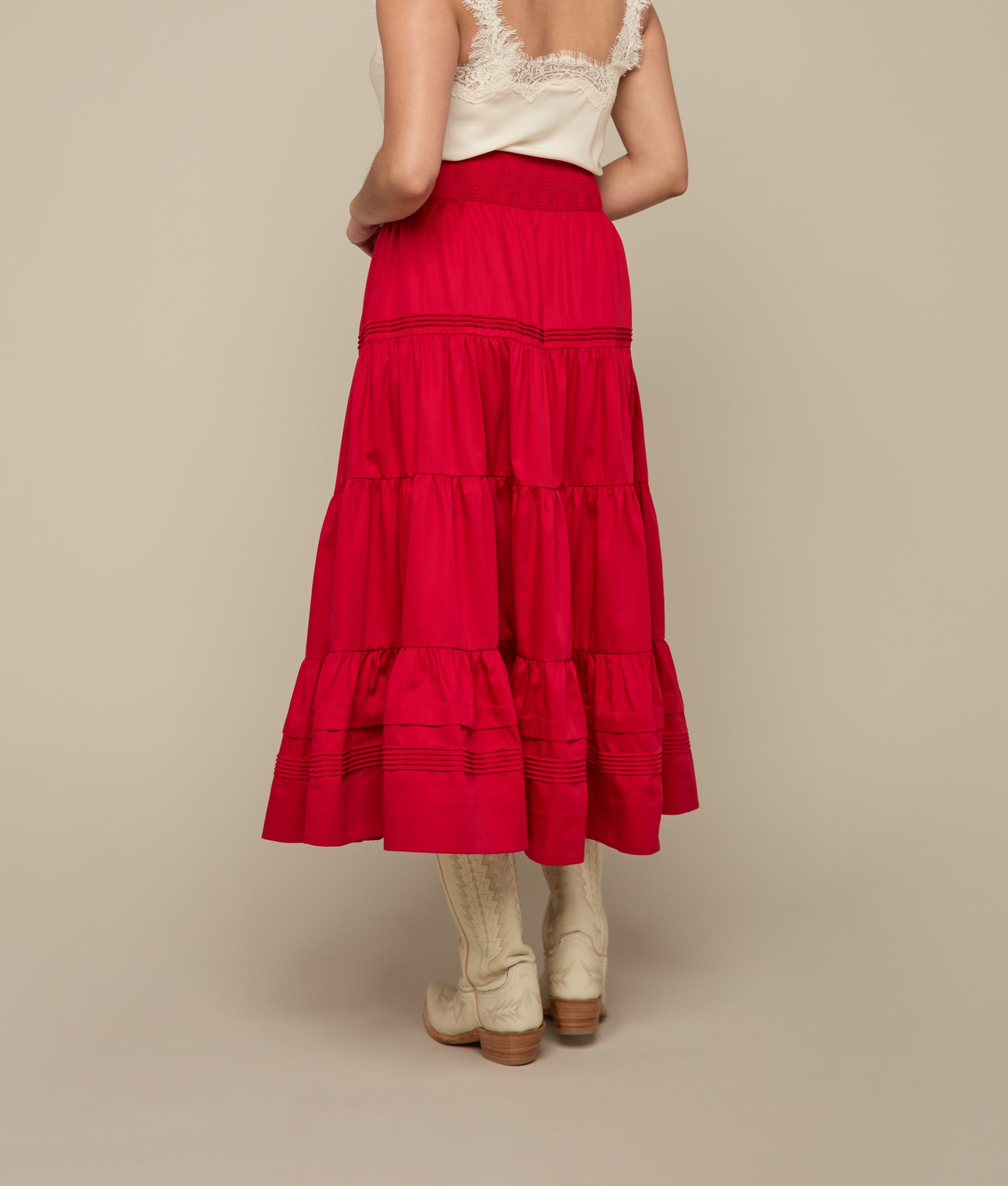 Dakota Tiered Skirt for Women - Flowy Red Midi Skirt with Elastic Waist | Perfect for Casual Outfits, Summer Dresses & Boho Style Fashion