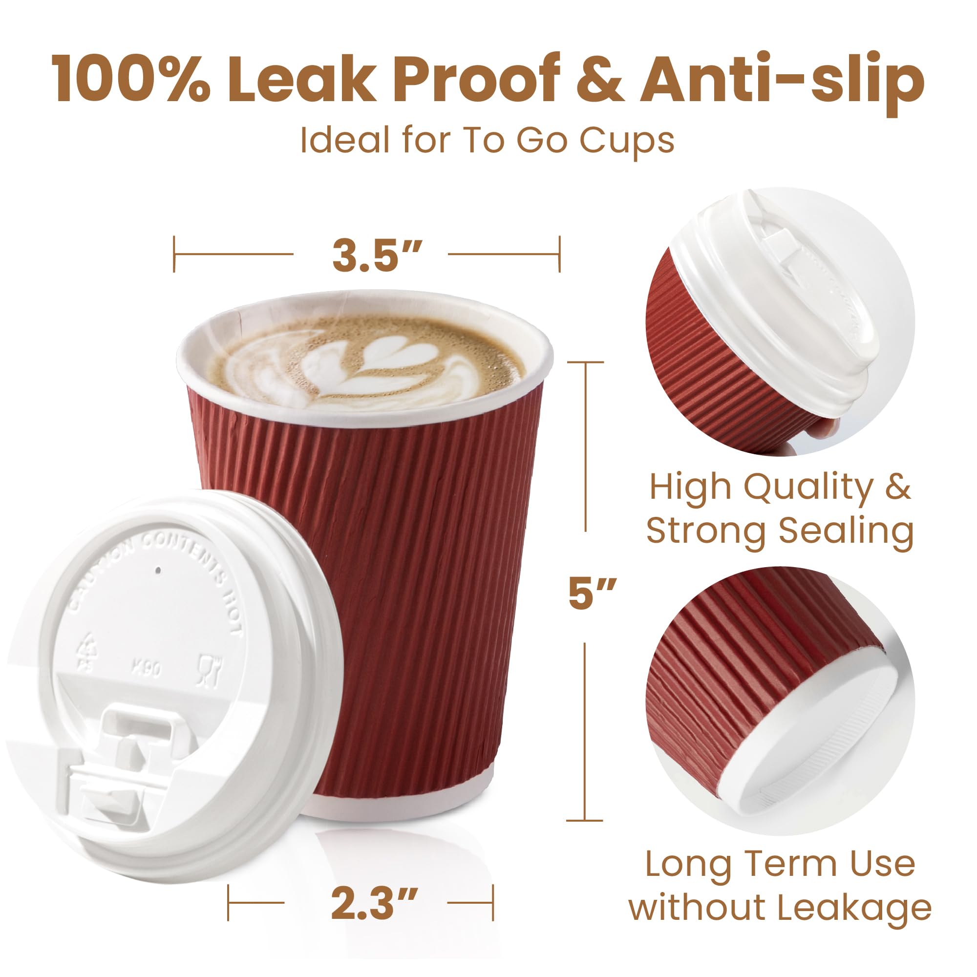 50 Pack 12 oz Disposable Coffee Cups with Lids & Stirrers - Triple Wall Insulated Hot Beverage Cups for Coffee, Tea, Hot Chocolate - Perfect for Office, Cafes, Parties & Holidays (White Lids)