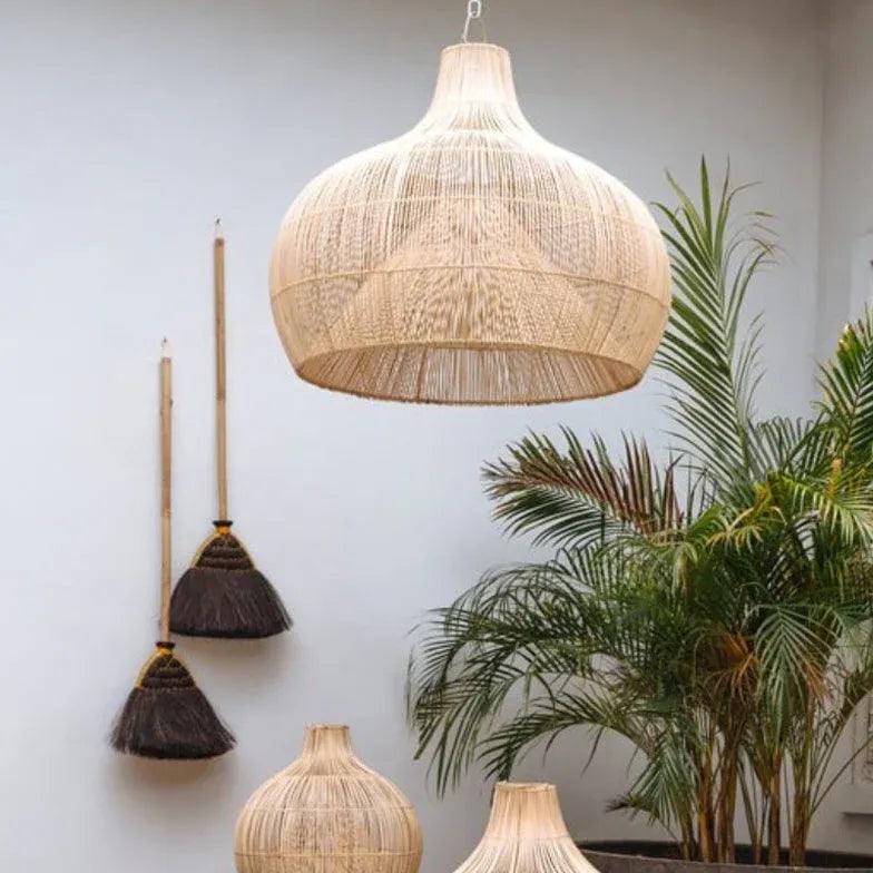 Handwoven Rattan Semi-Spherical Pendant Light - Natural Boho Ceiling Fixture for Living Room, Bedroom, or Dining Area