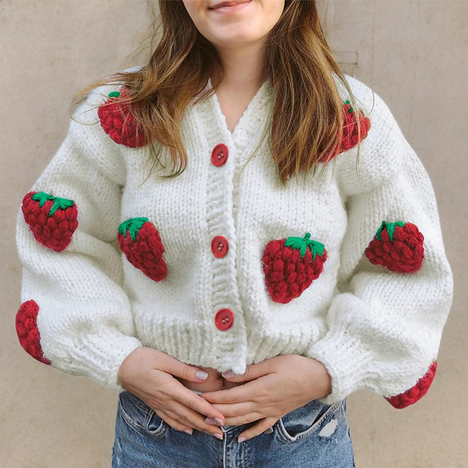 Y2K Kawaii Women's Crop Cardigan Sweater - Long Puff Sleeve Strawberry V-Neck Button Knit Top | Perfect for Casual Outfits, Date Nights & Aesthetic Instagram Photos