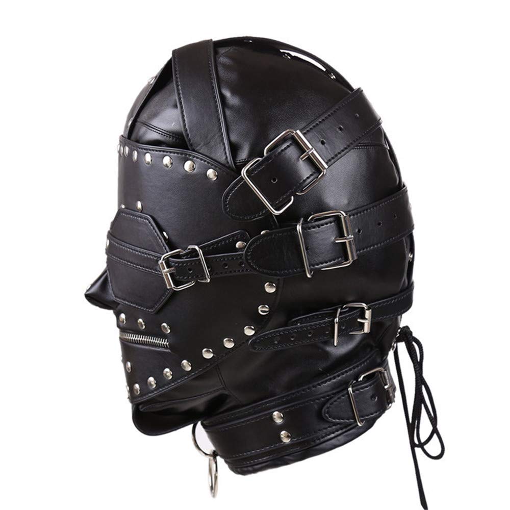 Unisex Black Leather Halloween Mask with Lock - Perfect for Costume Parties, BDSM Events, and Role-Playing Games