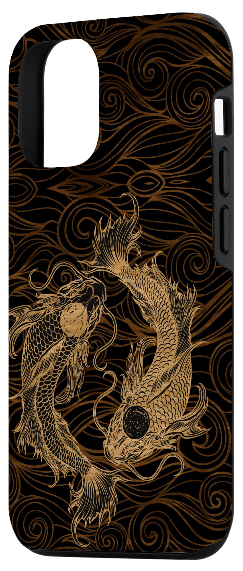 Vintage Wood Engraved iPhone 12/12 Pro Case with Yin Yang Koi Fish & Japanese Waves Design - Stylish Protective Cover for Daily Use, Travel & Gifts