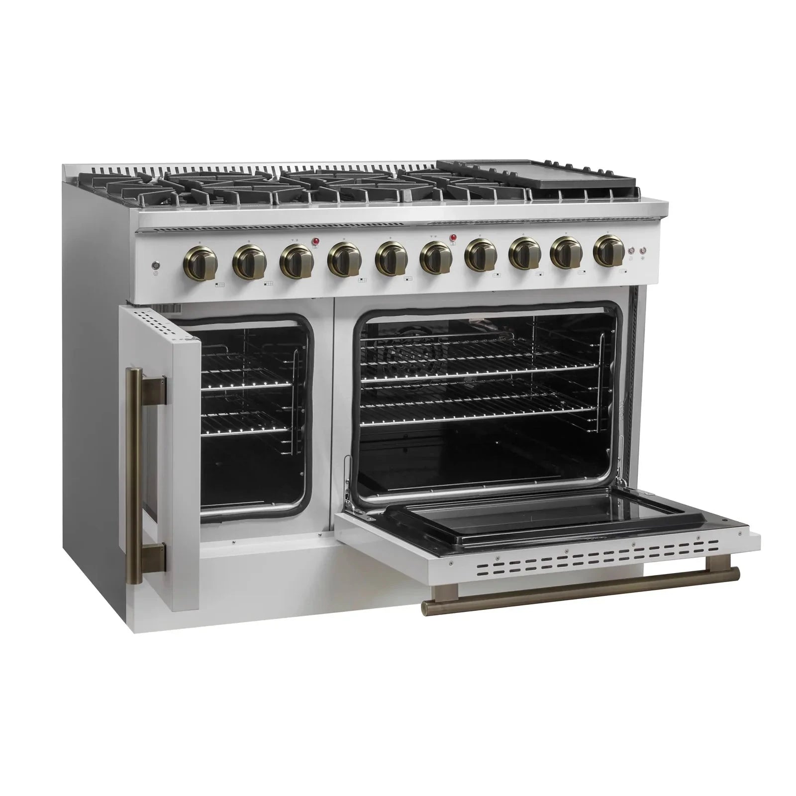 Forno Galiano 48-Inch Freestanding All Gas Range with French Doors - White with Antique Brass Trim (Model FFSGS6444 48WHT) - Perfect for Modern Kitchens & Professional Chefs