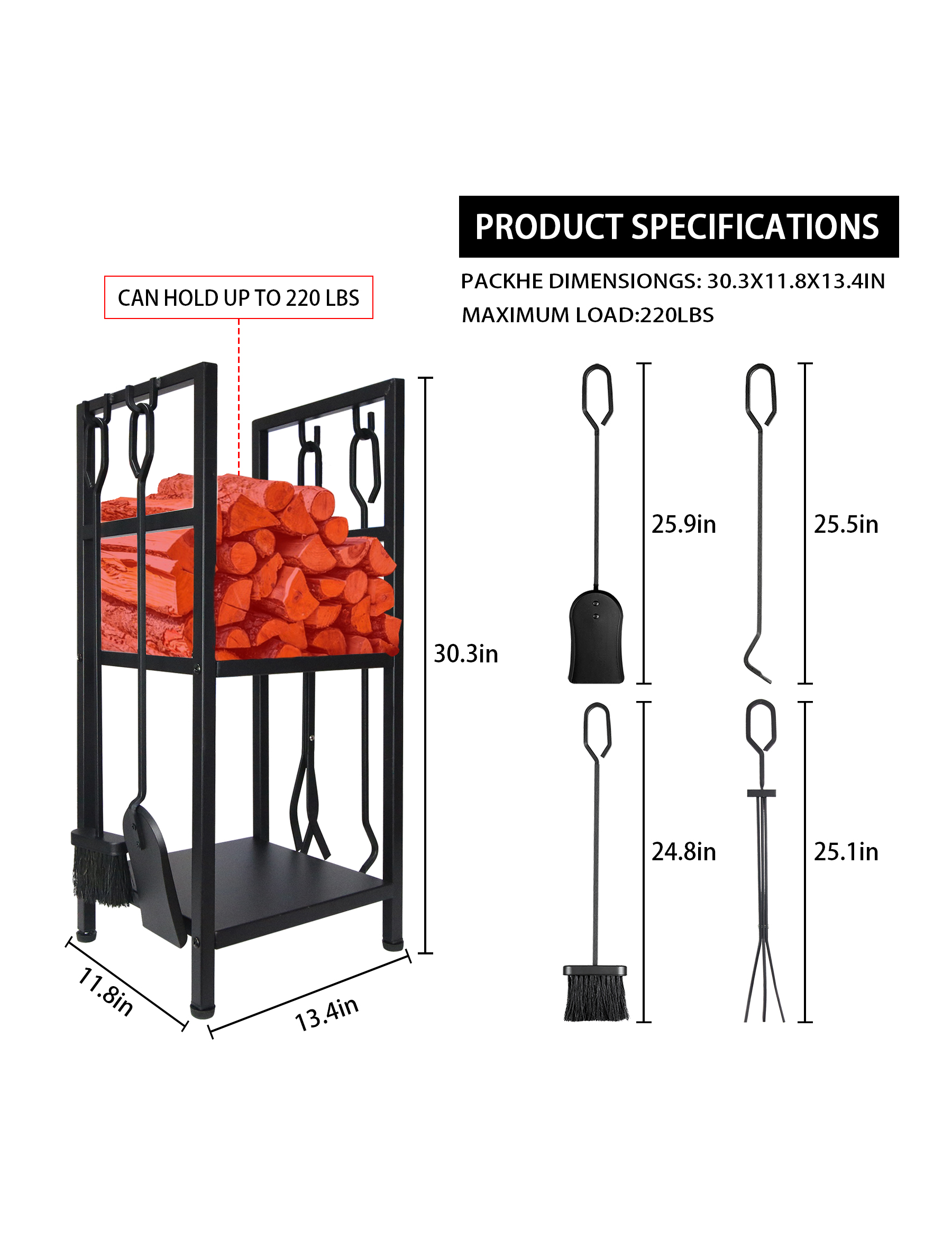 VODA Firewood Tools Rack - Heavy Duty Lumber Storage Organizer & Fire Pit Accessories Set for Outdoor Camping, Backyard, and Fireplace Use