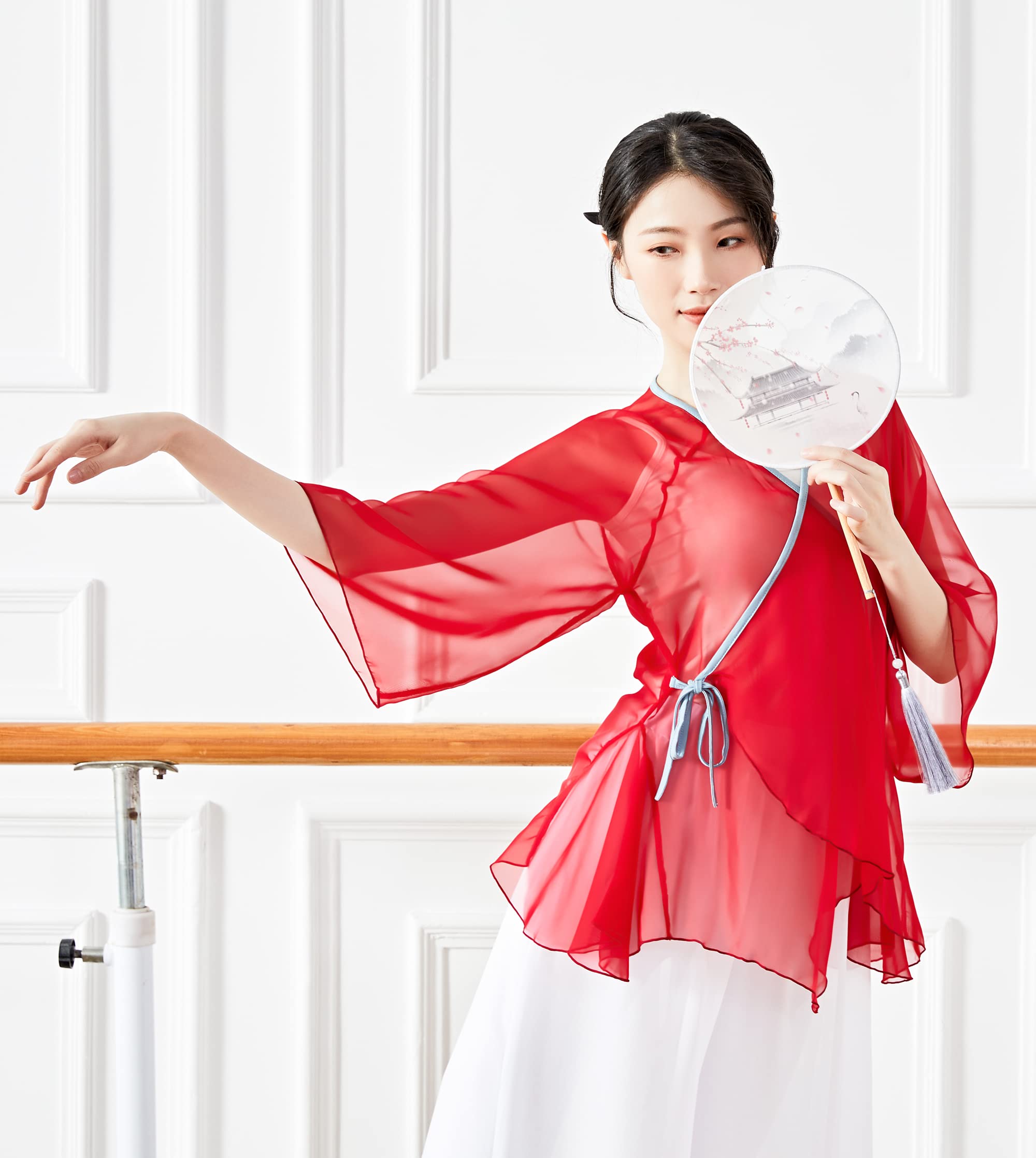 Angcoco Women's Chinese Style Asymmetrical Hem Sheer Cardigan Top - Elegant Dancewear & Casual Layering for Performances, Parties, and Everyday Wear