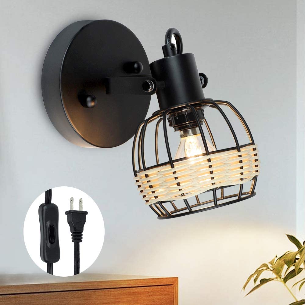 Depuley Rustic Cage Wall Spotlight Fixture - Adjustable Flush Mount Track Lighting with Plug-in Cord | Perfect for Bedroom, Living Room & Hallway Lighting Decor