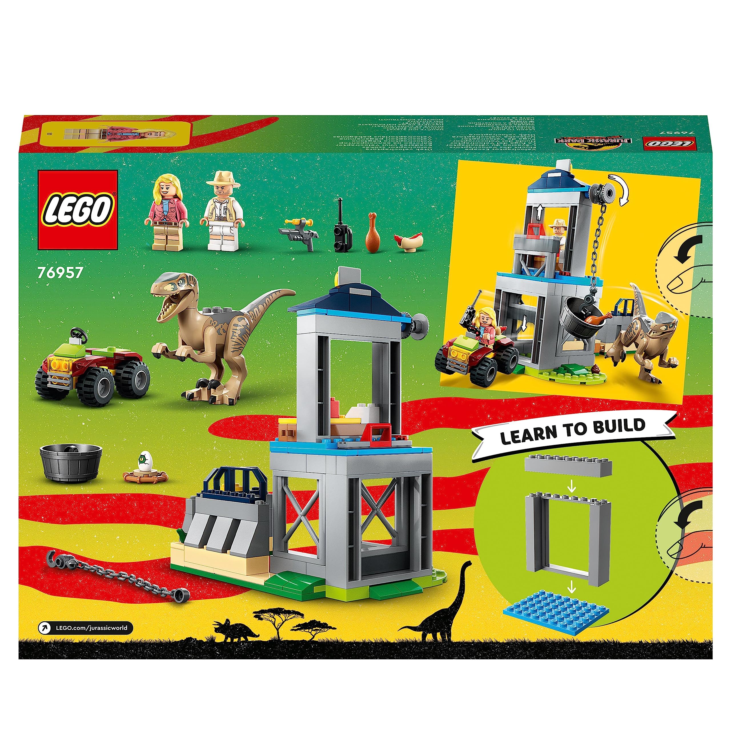 LEGO Jurassic Park Velociraptor Escape Building Toy Set with Dinosaur, Constructible Building, Off-Road Vehicle & 2 Minifigures - Creative Play Gift for Boys & Girls Ages 4+ (76957) - Perfect for Jurassic Park Fans, Birthday Gifts & Dinosaur-Themed Playtime