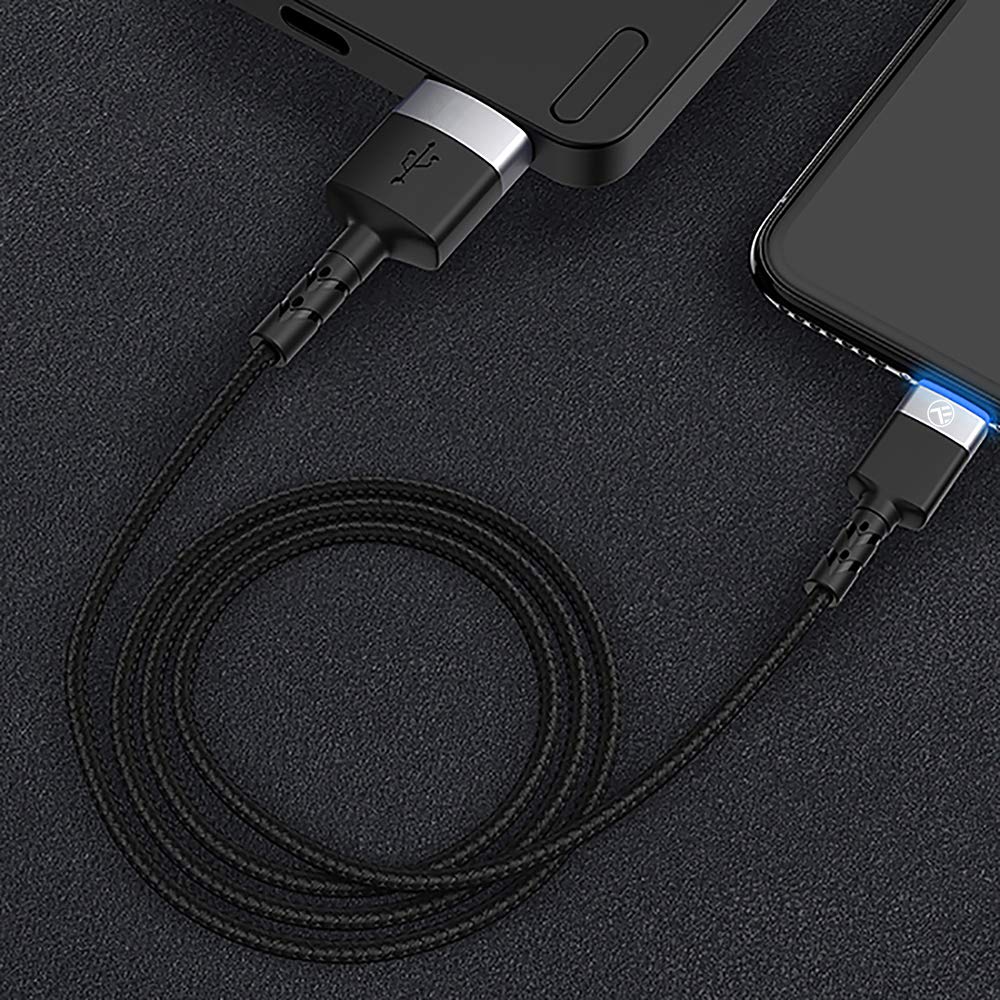 Premium TELLUR Nylon Braided USB to Lightning Cable with LED Indicator - 2M Fast Charging & Sync Cord for iPhone (Black) - Perfect for Home, Office & Travel Charging
