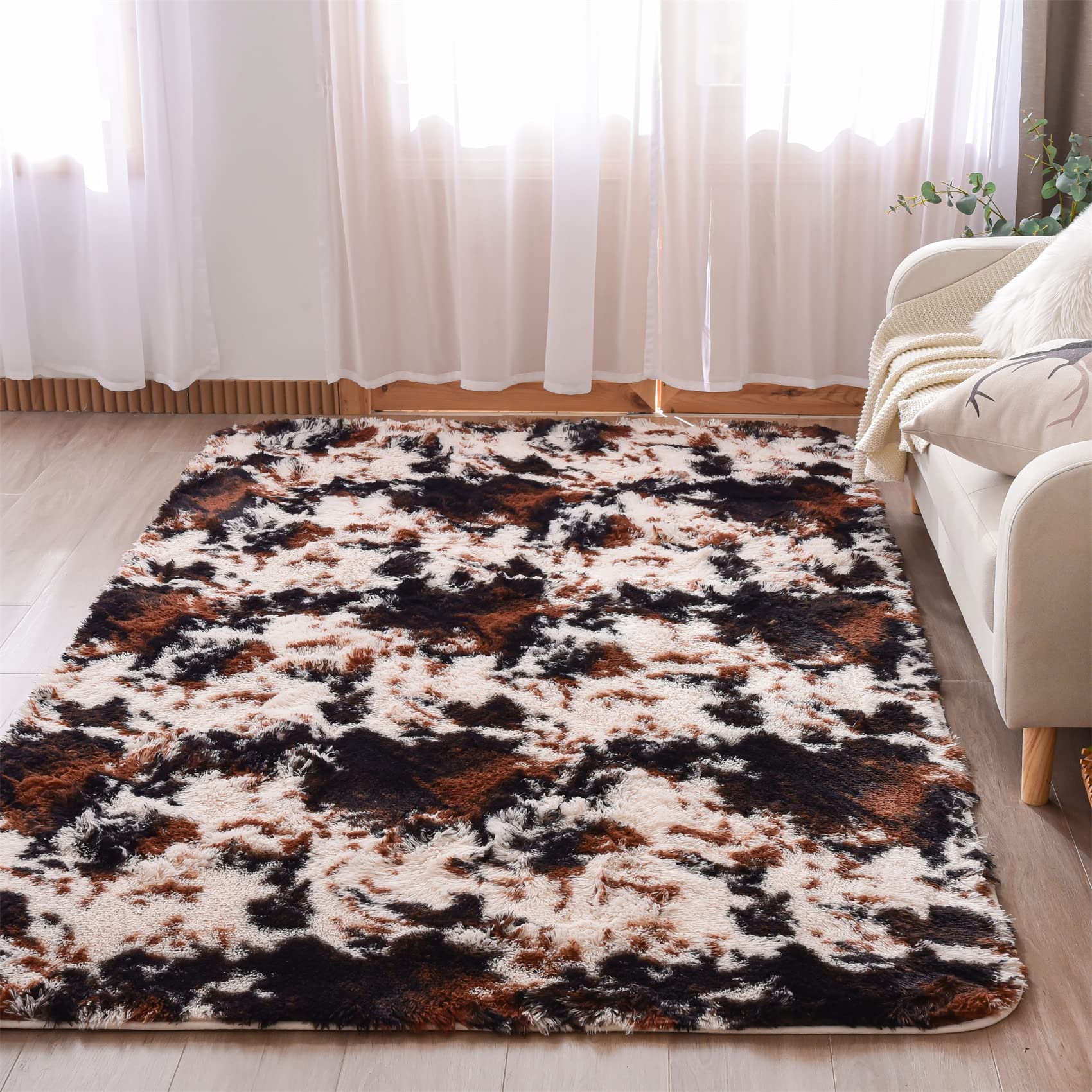 Cute Cow Print Area Rug - Soft Faux Cowhide Carpet for Nursery, Kids Room Decor - Non-Slip Animal Print Rug (Coffee-Black, 3x5 ft) - Perfect for Playrooms, Bedrooms & Farmhouse Style Decor