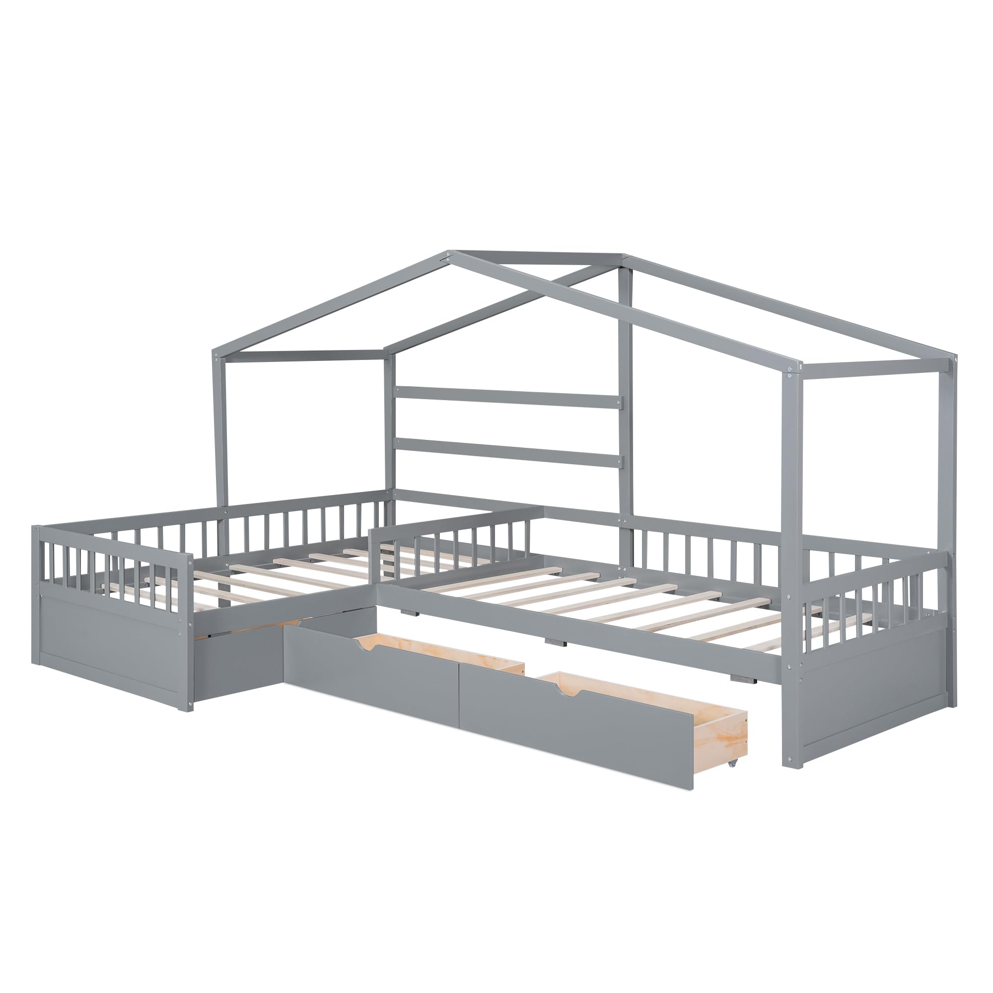 P PURLOVE L-Shaped Twin Wooden House Platform Bed Frame with 3 Storage Drawers & Guardrail - No Box Spring Needed, Gray - Perfect for Small Bedrooms, Kids Rooms & Space-Saving Storage Solutions