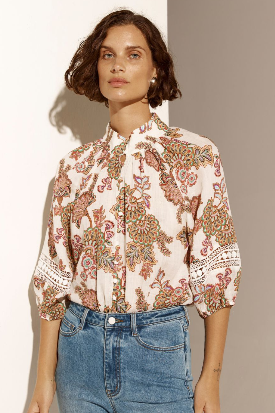 Invoke Cream Paisley High Neck Short Sleeve Blouse for Women - Elegant Floral Print Summer Top for Office, Date Night & Casual Outings