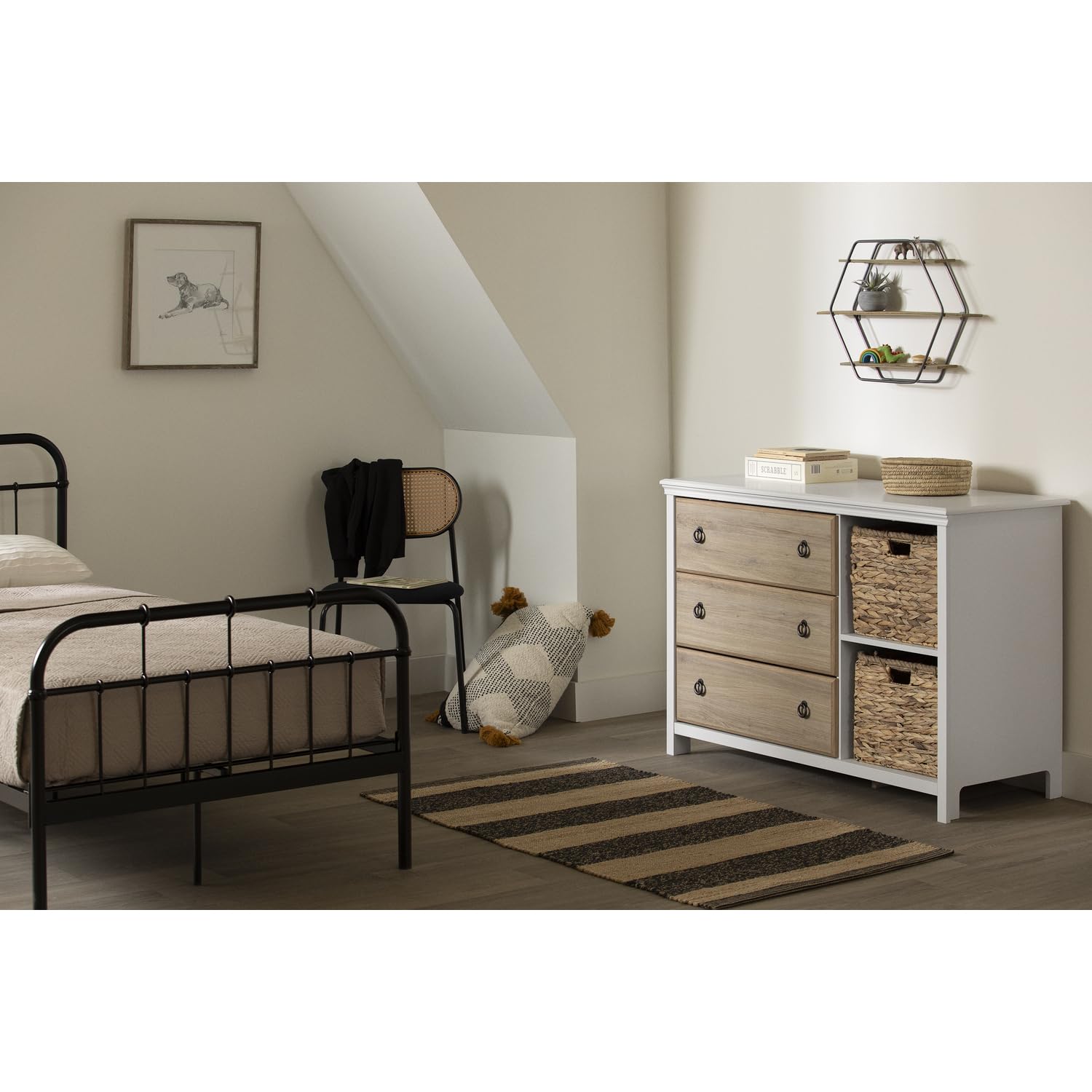 South Shore Cotton Candy 3-Drawer Dresser with Baskets in Pure White & Rustic Oak - Coastal Style Bedroom Storage for Kids, Teens & Nursery Organization
