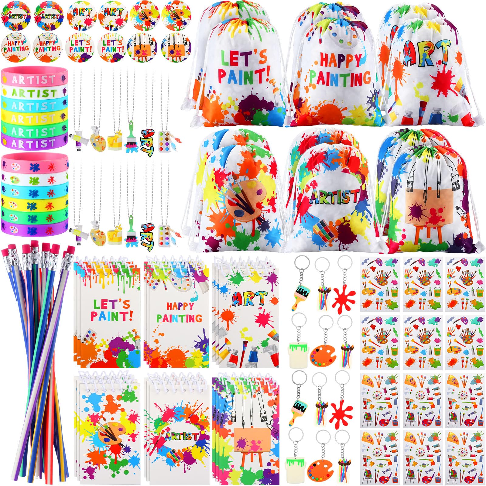 Jenaai 102 Pcs Art Paint Party Favor Supplies Kit - 12 Drawstring Backpacks, 12 Silicone Bracelets, 12 Badges, 12 Keychains, 18 Spiral Notepads, 12 Bendable Pencils, 12 Stickers & 12 Necklaces - Perfect for Kids Birthday Parties, School Events & DIY Craft Activities