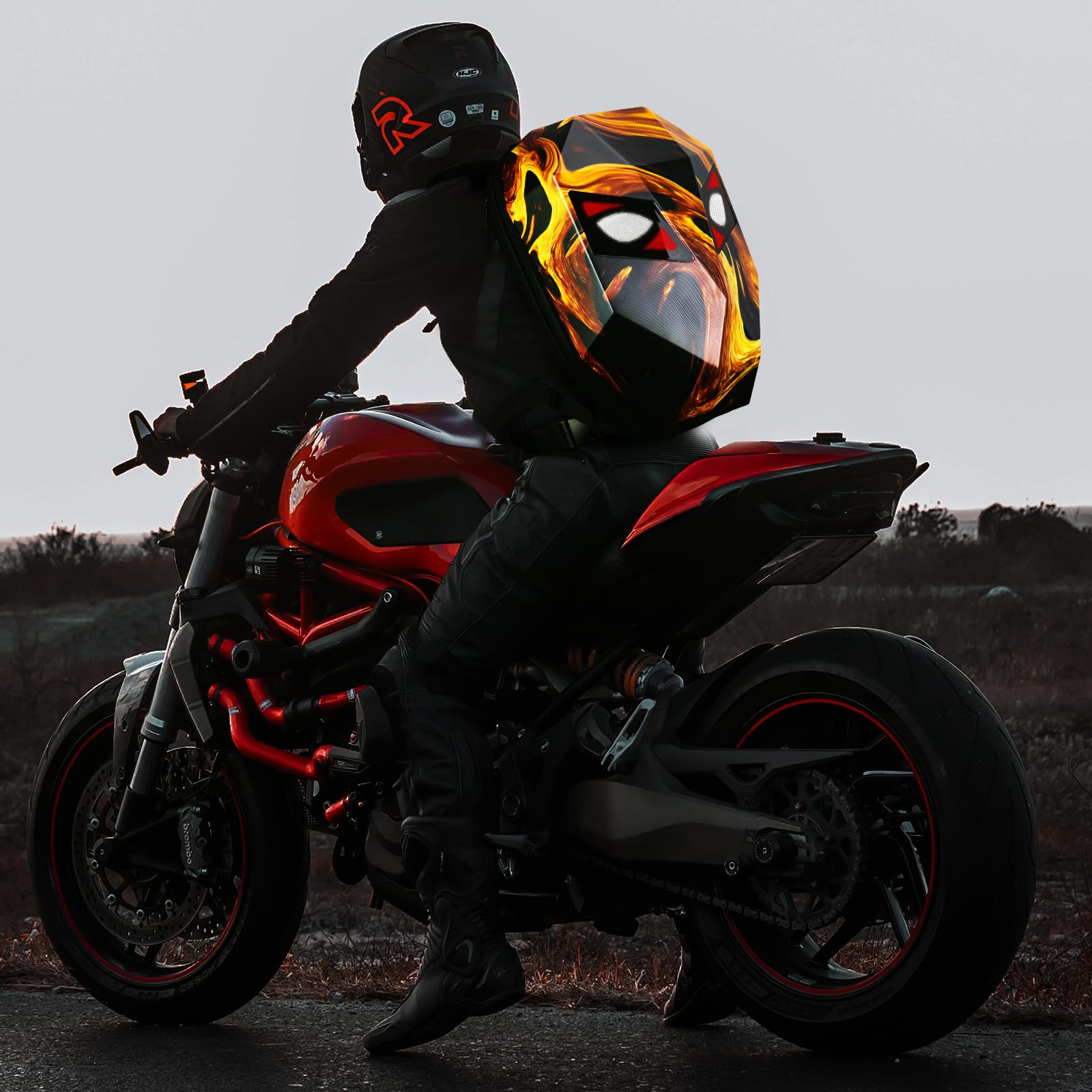 Gelrova Motorcycle Backpack for Men - LED Backpack with Programmable Screen, Hard Shell Waterproof Helmet Bag & Large Capacity Laptop Backpack (19inch) - Flaming Knight Design - Perfect for Commuting, Travel & Outdoor Adventures