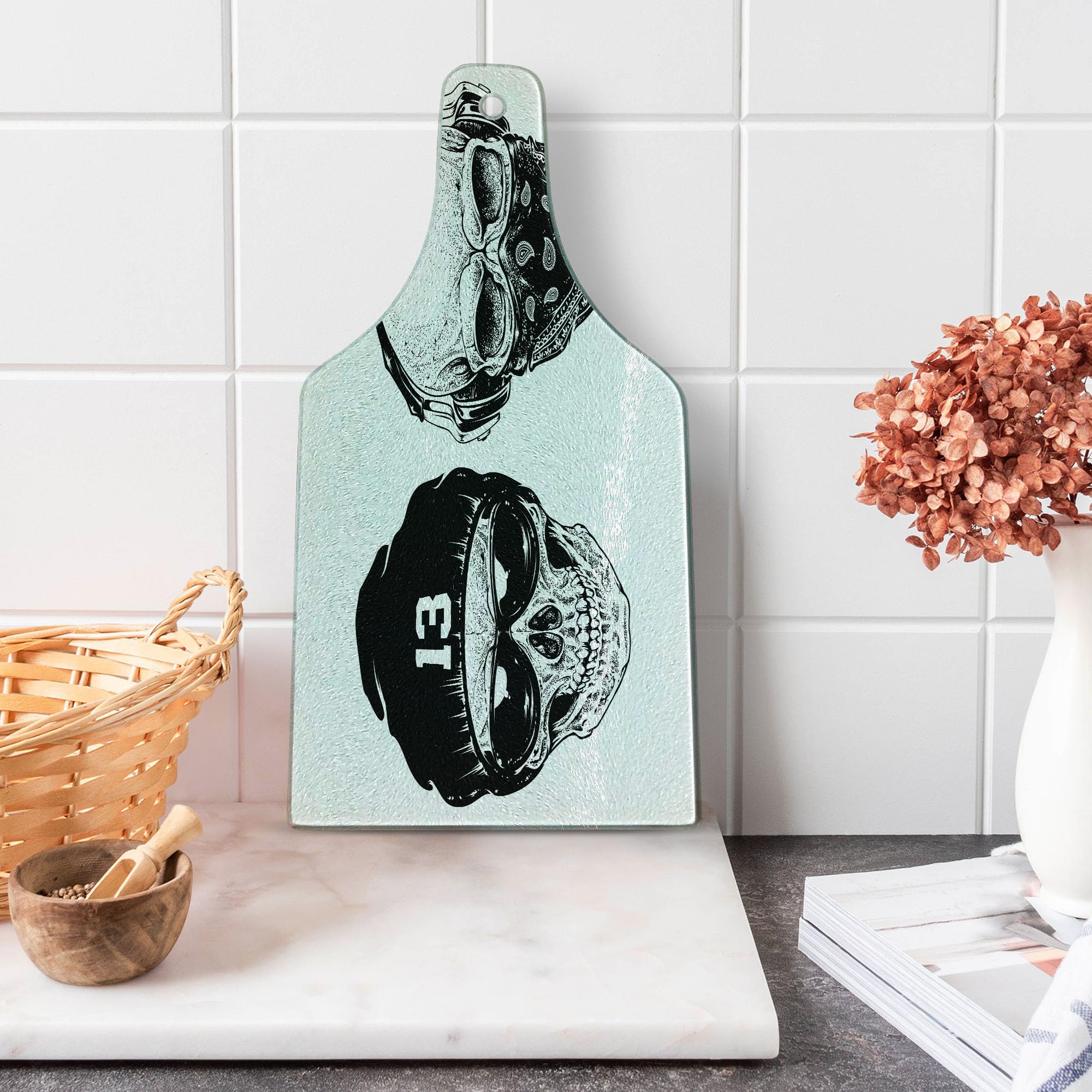Ambesonne Skull Cutting Board - Black & White Tempered Glass Serving Board with Grunge Print | Wine Bottle Shape for Kitchen, Party & Bar Use | Funny Skull Band Design for Home Decor & Entertaining