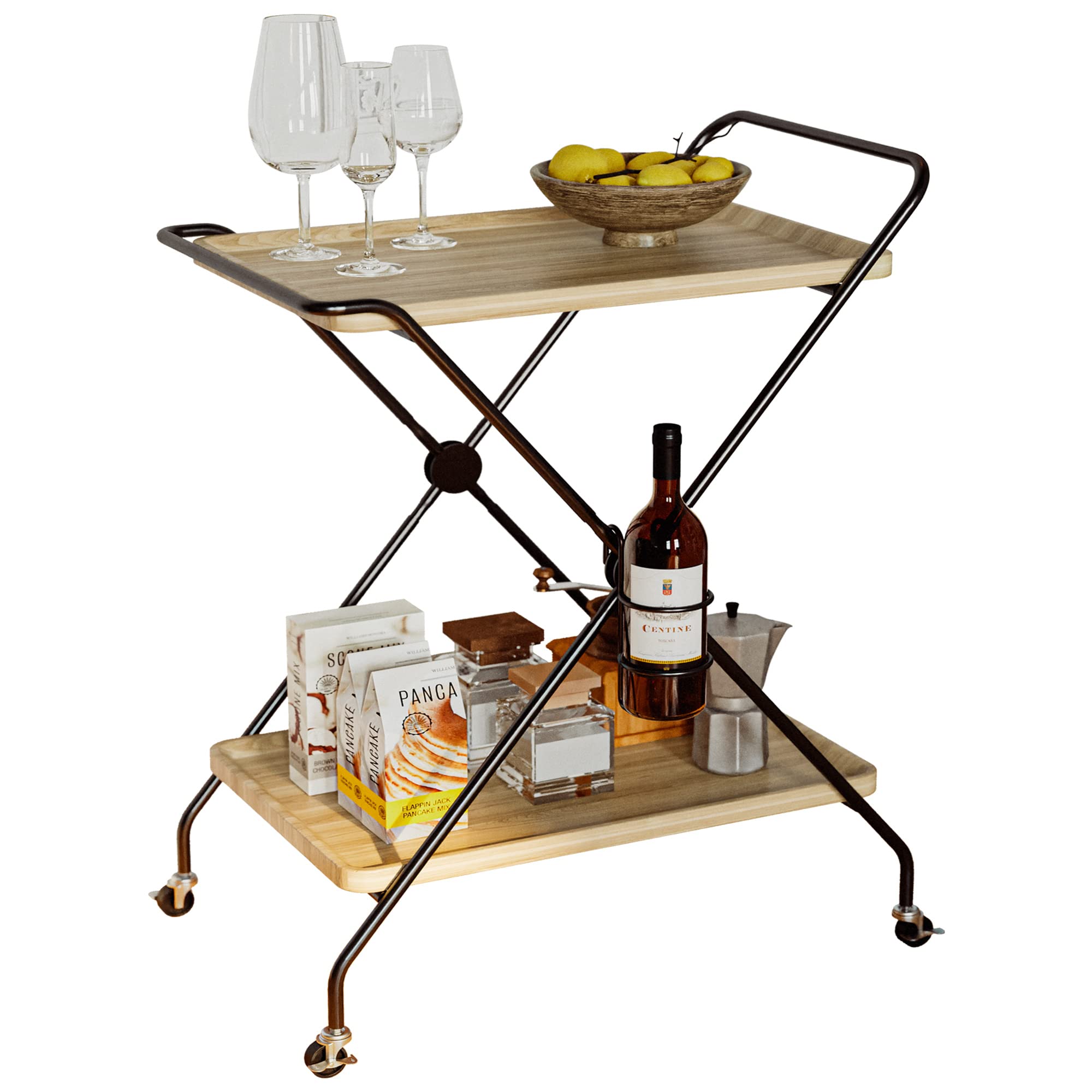 **IRONCK 2-Tier Industrial Bar Cart with Wheels - Mobile Kitchen & Liquor Cart with Glass Holder - Beige/Black - Perfect for Living Room, Dining Room & Home Bar**