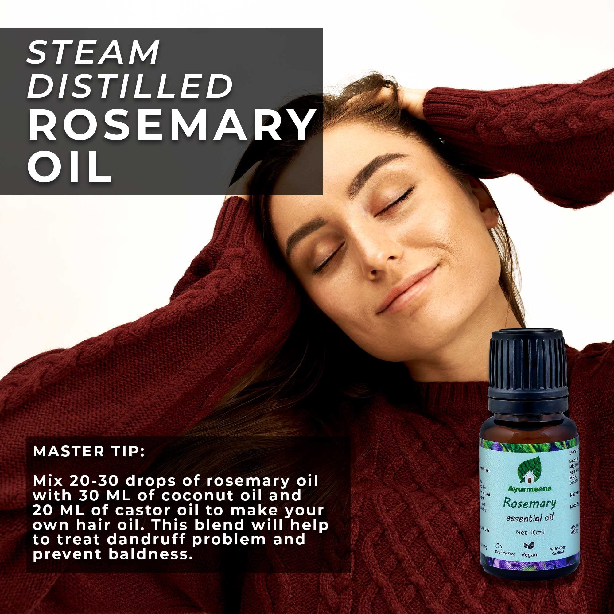 Ayurmeans Pure Rosemary Essential Oil 10ml - Natural Aromatherapy for Stress Relief, Hair Growth & Pain Relief | Perfect for Diffusers, Massage & Skincare