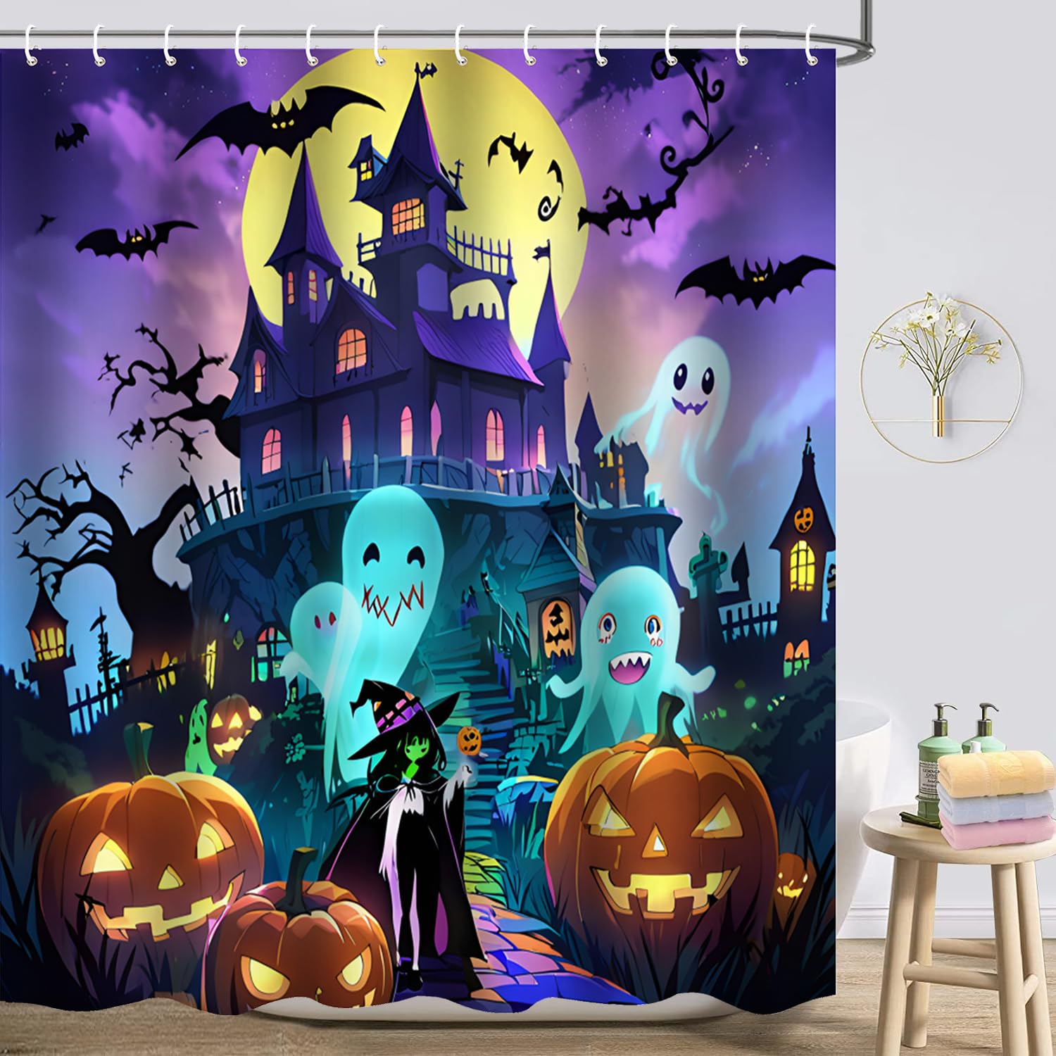 Scary Halloween Shower Curtain Set - Waterproof 72x72 Inch Spooky Castle & Haunted House Design with Hooks - Perfect for Bathroom Decor, Halloween Party & Indoor Home Decoration