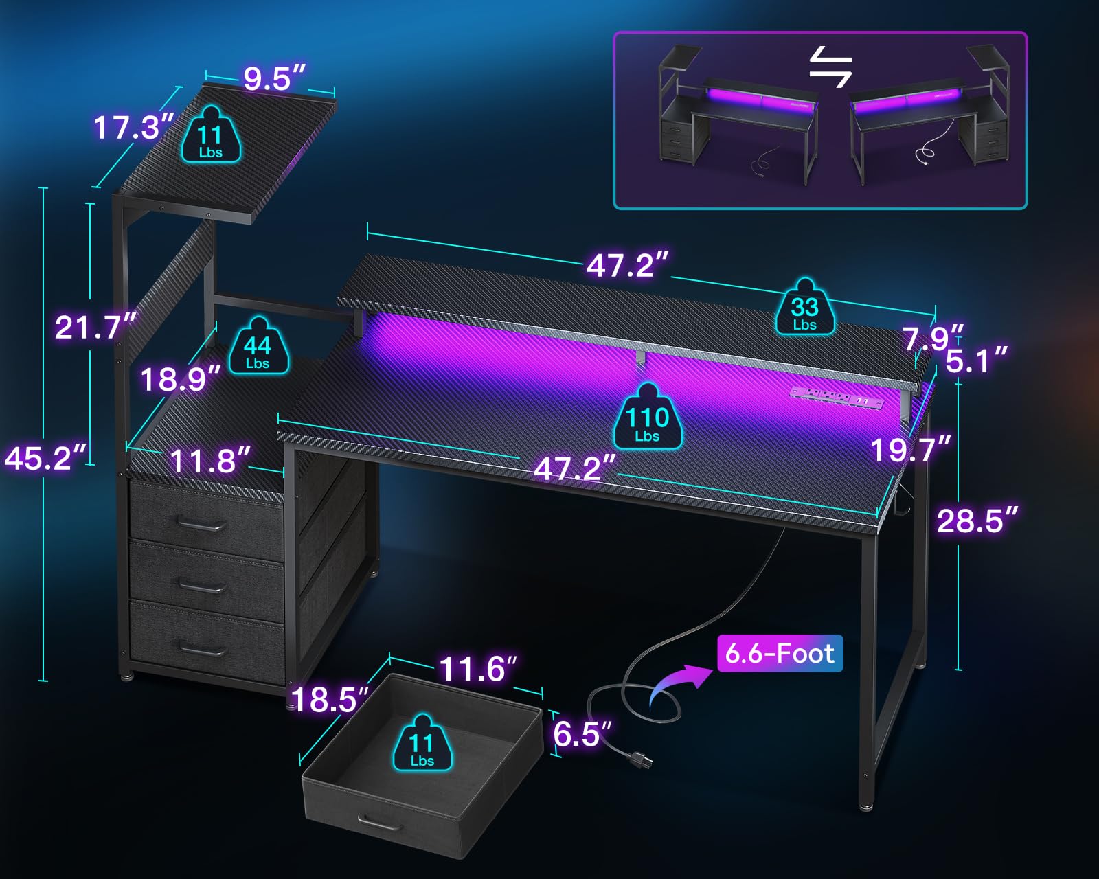 AODK 59 Inch Gaming Desk with USB Charging Ports & LED Lights - Reversible Computer Desk with Storage Shelves & Monitor Stand, Modern Gamer Table with Fabric Drawers & Side Hook - Perfect for PC Gaming Setup, Home Office & Streaming Studio (Carbon Fiber Black)