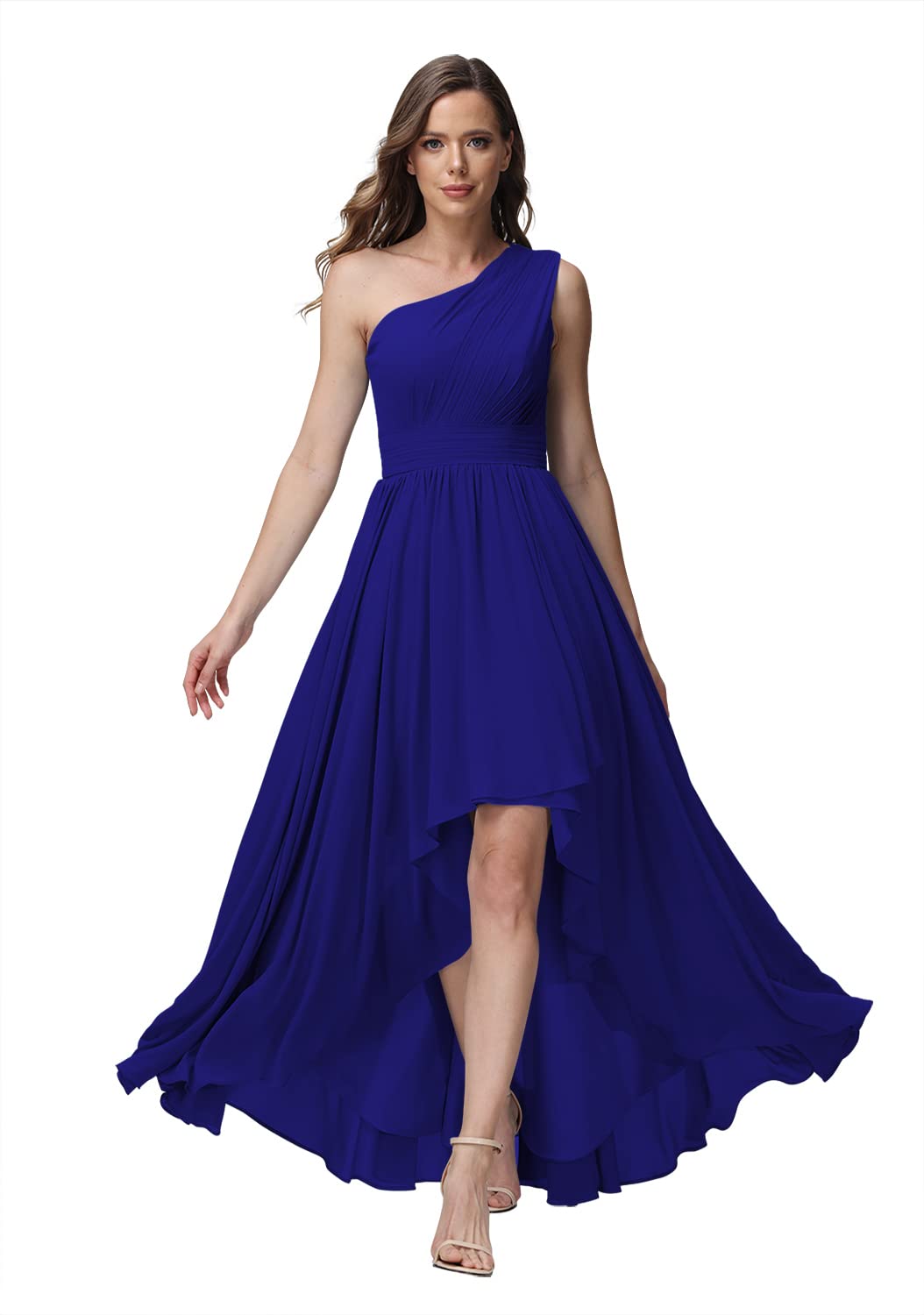Elegant One Shoulder Bridesmaid Dress for Women - High Low Chiffon Formal Evening Gown with Pockets YZTS015 | Perfect for Weddings, Proms, and Special Occasions