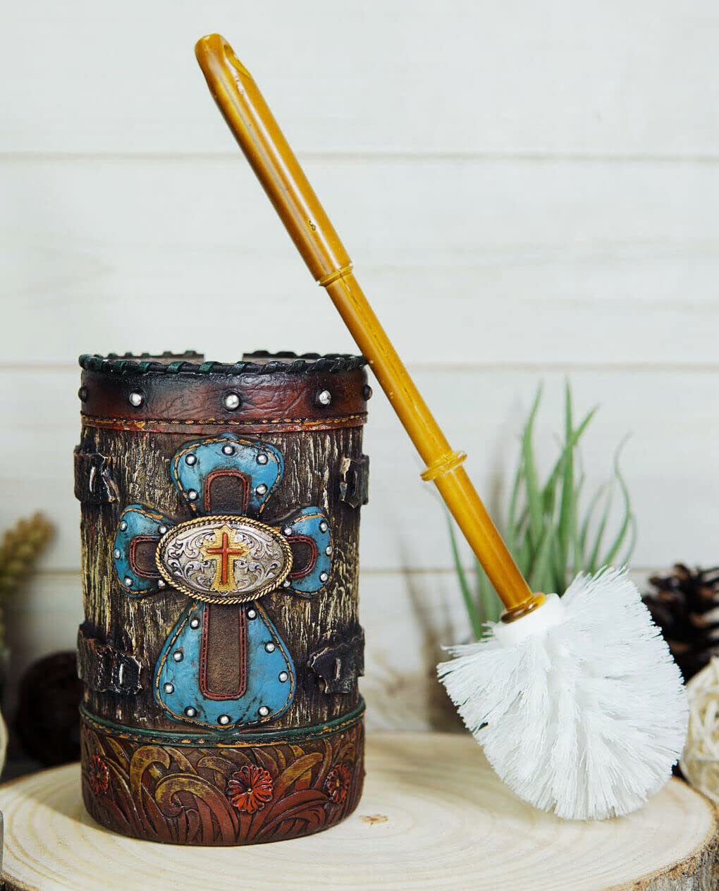 Rustic Western Blue Cross Toilet Brush and Holder Set with Concho Decor - Bathroom Sanitary Storage Organizer for Farmhouse, Cabin, or Country Home Decor