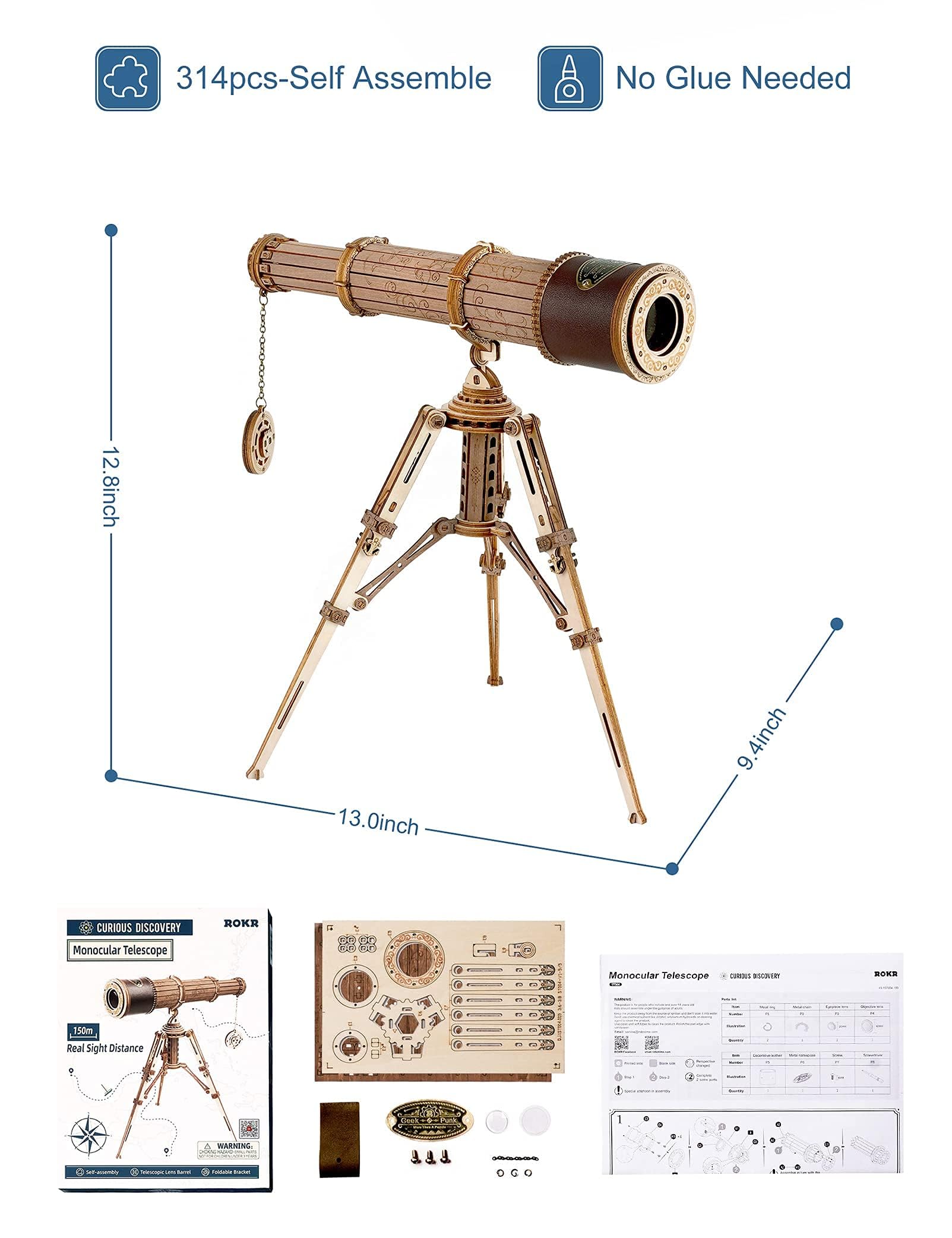 ROKR 3D Wooden Telescope Building Kit for Adults - DIY Science Model with 3X Magnification & Tripod Stand - Perfect STEM Gift for Boys, Girls & Astronomy Enthusiasts - Great for Home Decor, Educational Projects & Stargazing Activities