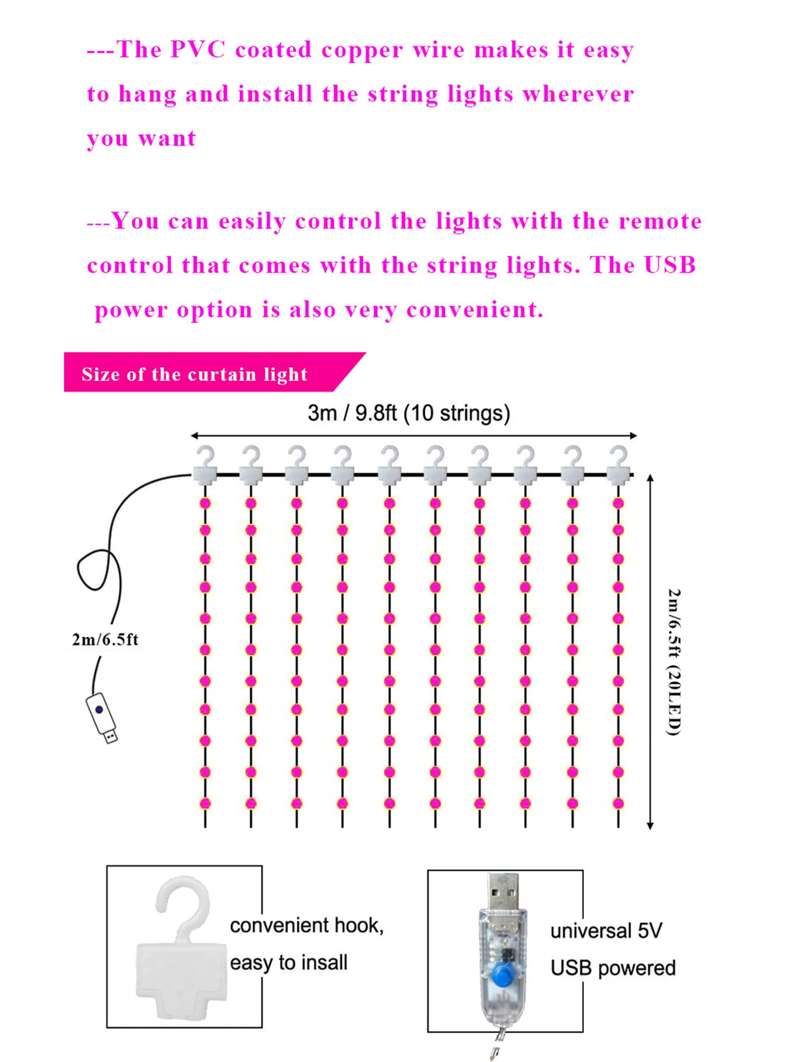 Fairy Curtain String Lights - 8 Lighting Modes, Pink LED Room Decor for Bedroom, Girls' Wall Lights, Valentine's Day Gift & Indoor Home Decoration - Perfect for Romantic Nights, Birthday Parties, and Cozy Ambiance
