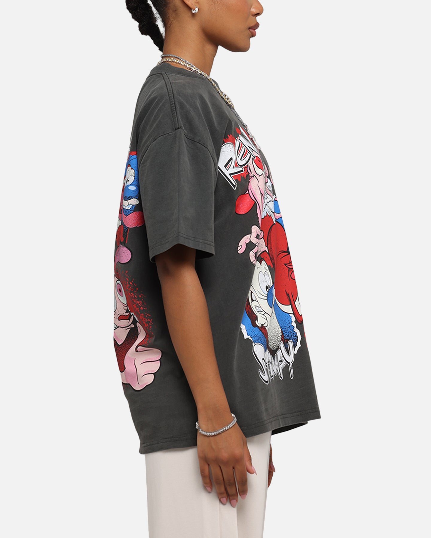 Vintage American Thrift X Nickelodeon Ren & Stimpy Graphic T-Shirt - Black Washed Cotton Tee for Men & Women | 90s Cartoon Nostalgia, Casual Wear & Pop Culture Fashion