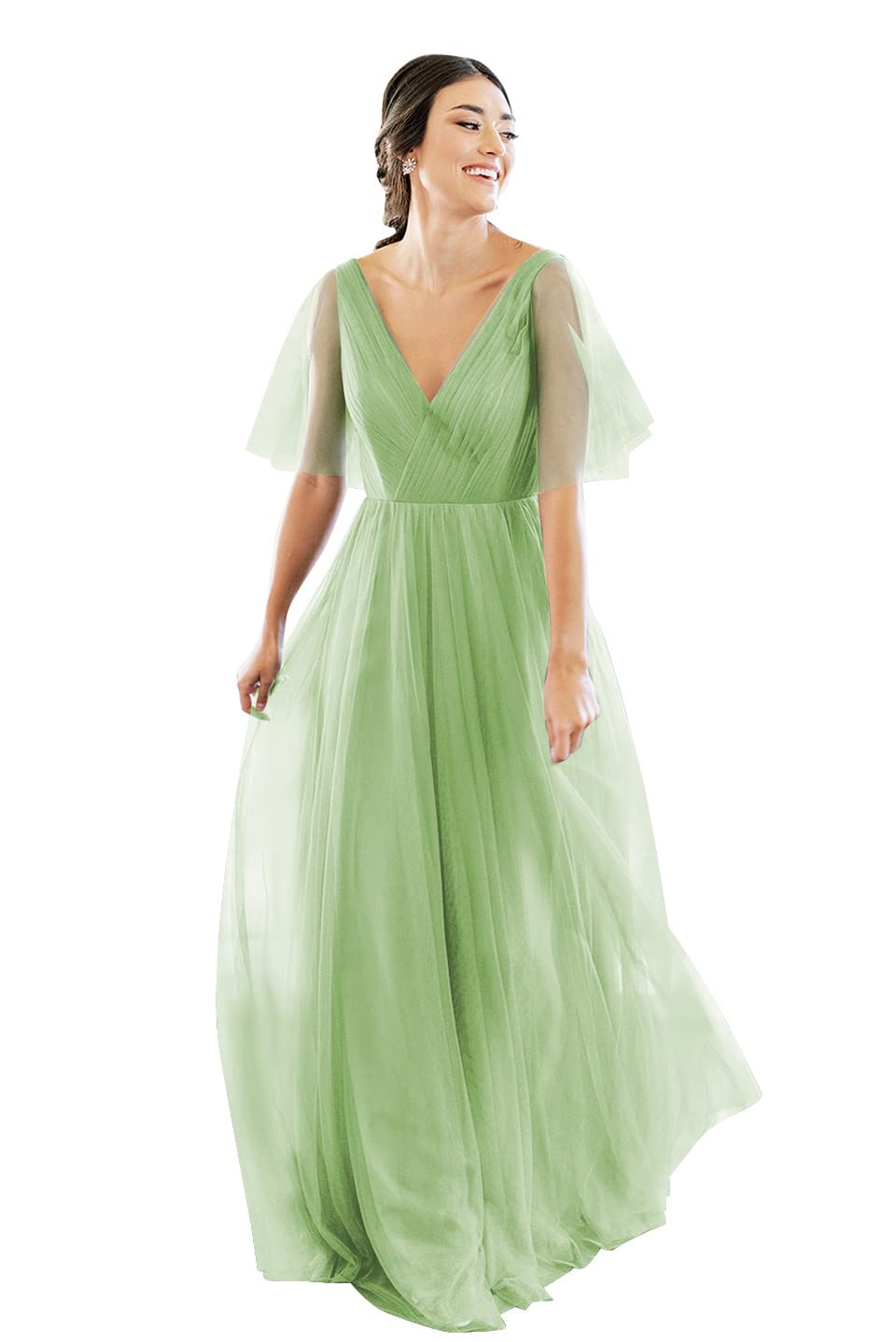 Elegant V-Neck Short Sleeve Tulle Bridesmaid Dress for Women - Backless Long Formal Gown for Wedding, Prom, Party & Special Occasions