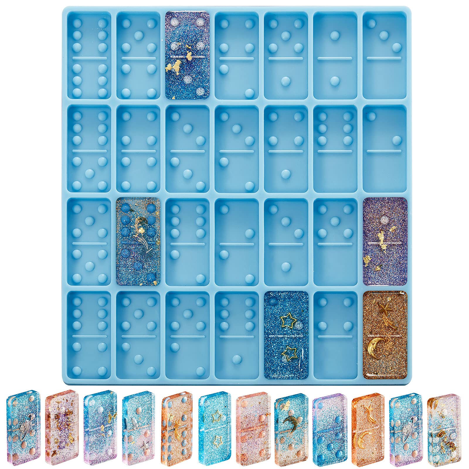 Premium 28-Cavity Silicone Domino Mold for Epoxy Resin, Candy, Clay & Jewelry Making - Blue (125g) | Perfect for DIY Pendants, Cake Decorations & Craft Projects
