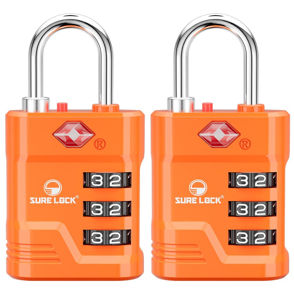 TSA Approved Luggage Locks - SURE LOCK High Security Travel Locks with Open Alert & Easy Read Dials, Zinc Alloy Body, TSA008 Key - 2 Pack Orange for Suitcases, Gym Lockers & Backpacks | Perfect for Air Travel, Hotels & Secure Storage