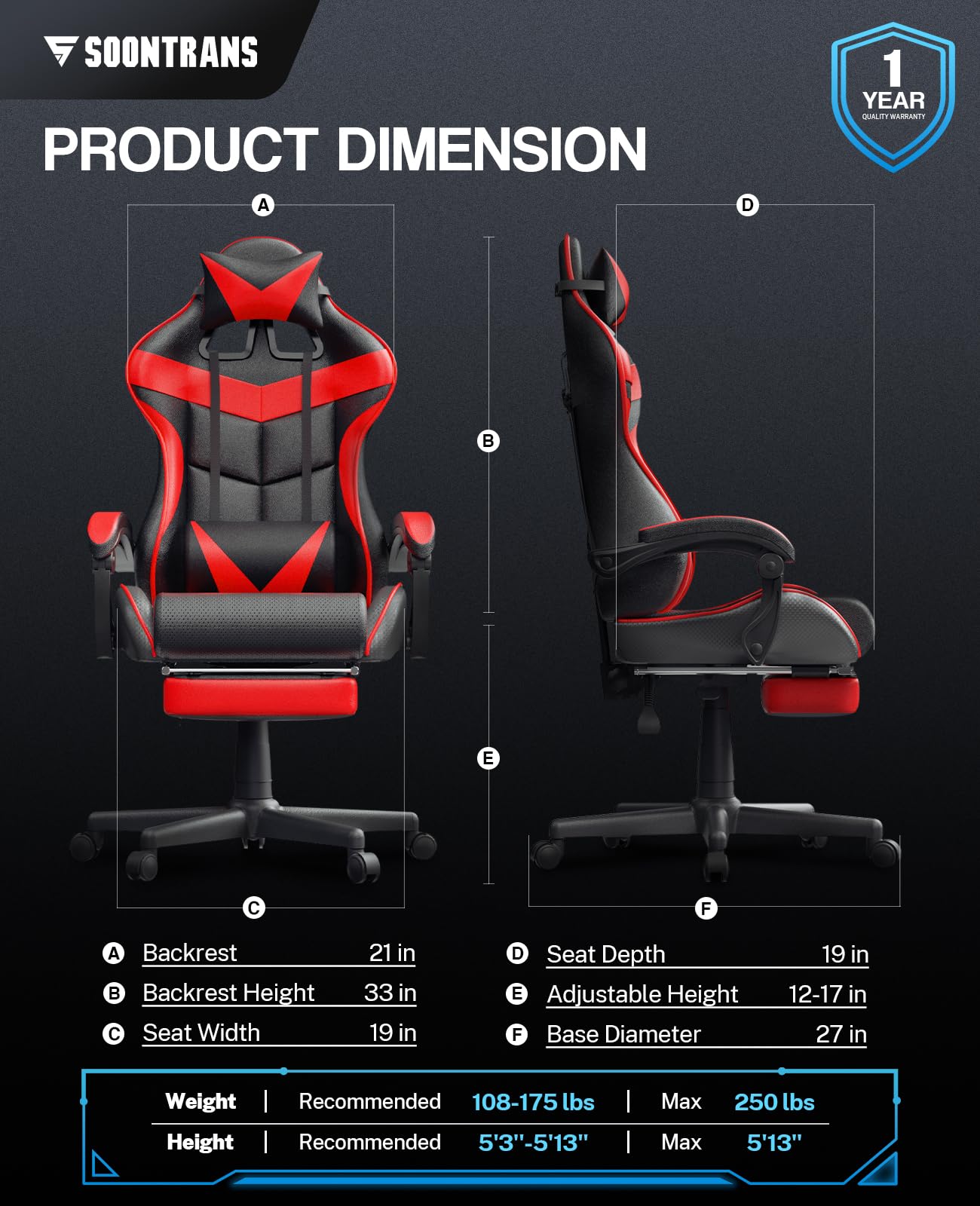 Soontrans Red Gaming Chair with Footrest - Ergonomic Racing Style Computer Gaming Chair with Adjustable Headrest & Lumbar Support - Perfect for PC Gaming, Esports, Home Office & Streaming Setup