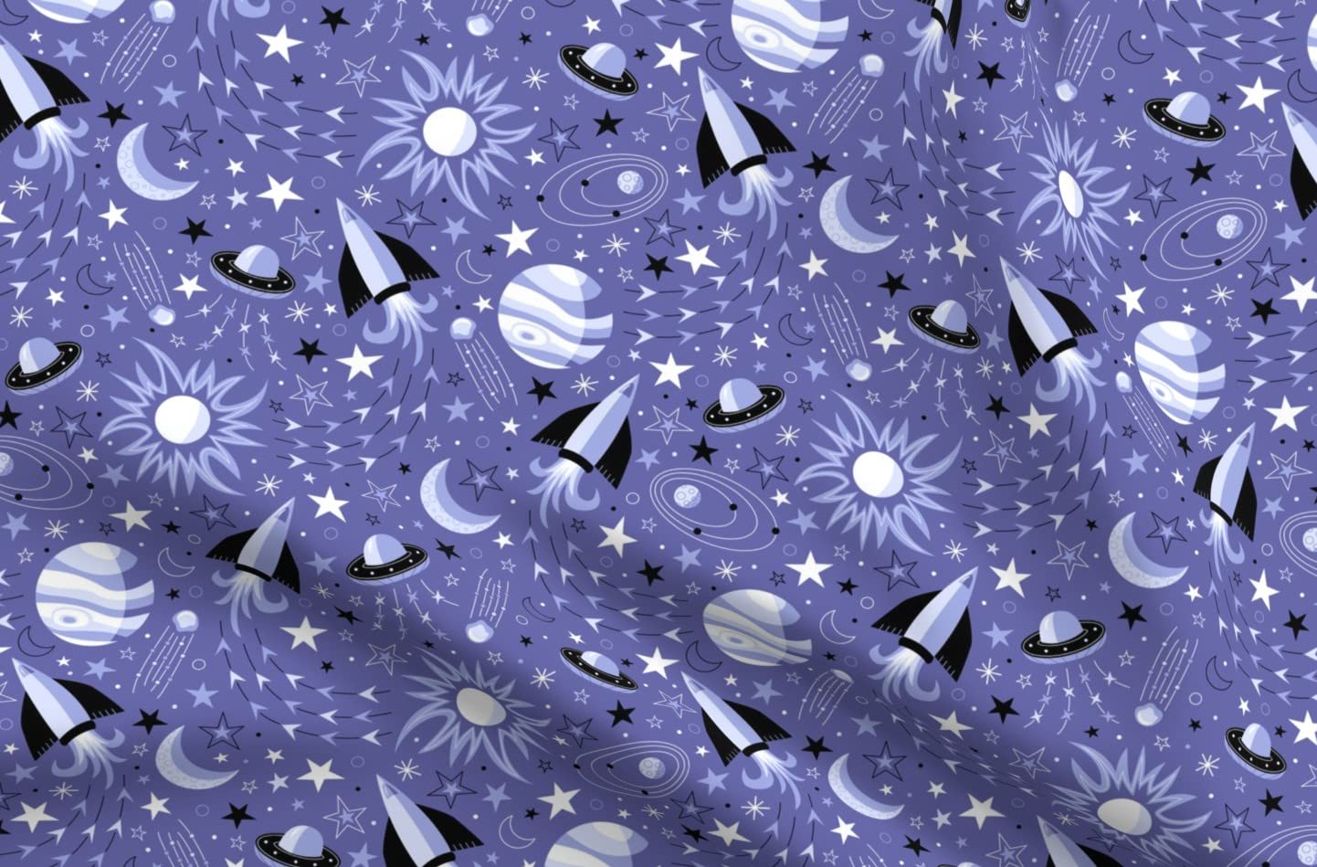 Space Star Kids Periwinkle Nerd Geek Planets Sun Printed Satin Fabric - Fat Quarter for Sewing, Lining, Apparel, Fashion, Blankets & Home Decor | Perfect for DIY Projects, Quilting, and Nursery Decor