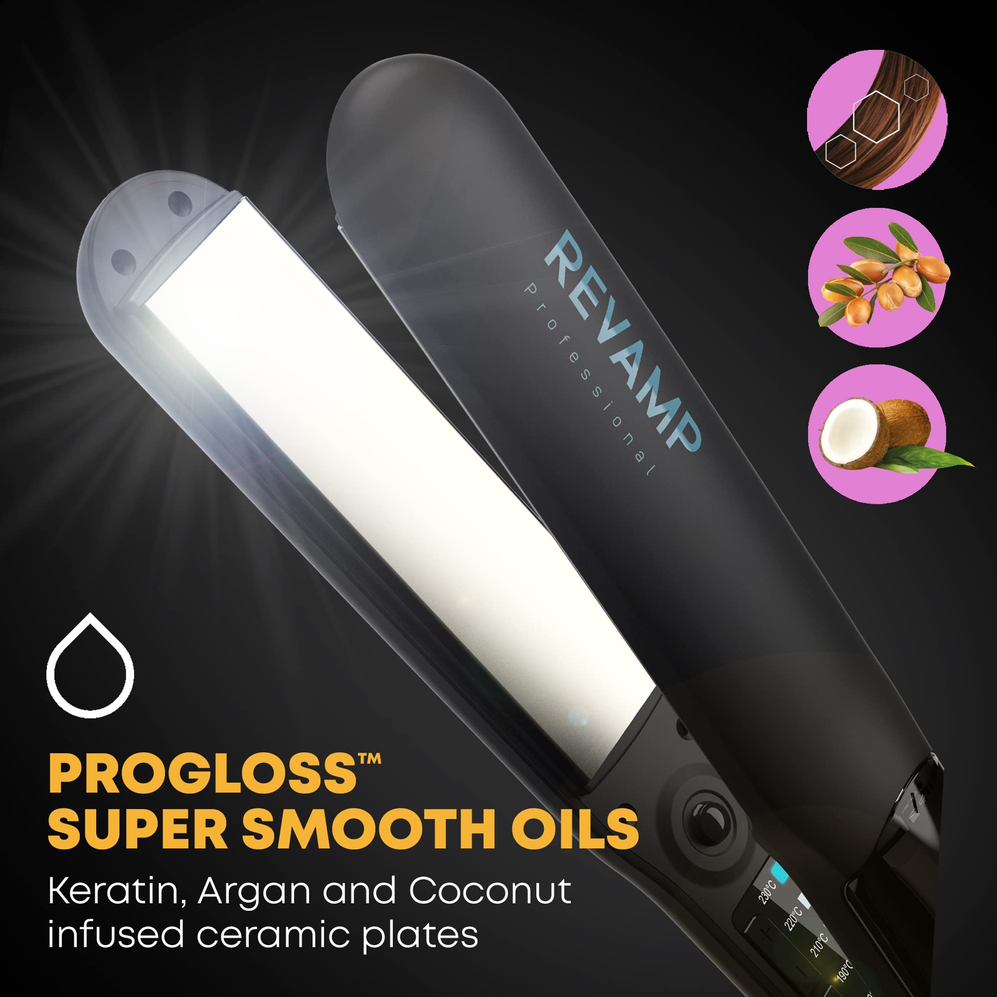 Revamp Progloss MoistureCare 1.25-Inch Flat Iron Hair Straightener – Keratin, Argan & Coconut Oil Infused Ceramic Ionic Steam Straightener with Floating Plates, Auto Shut Off for Home & Salon Use