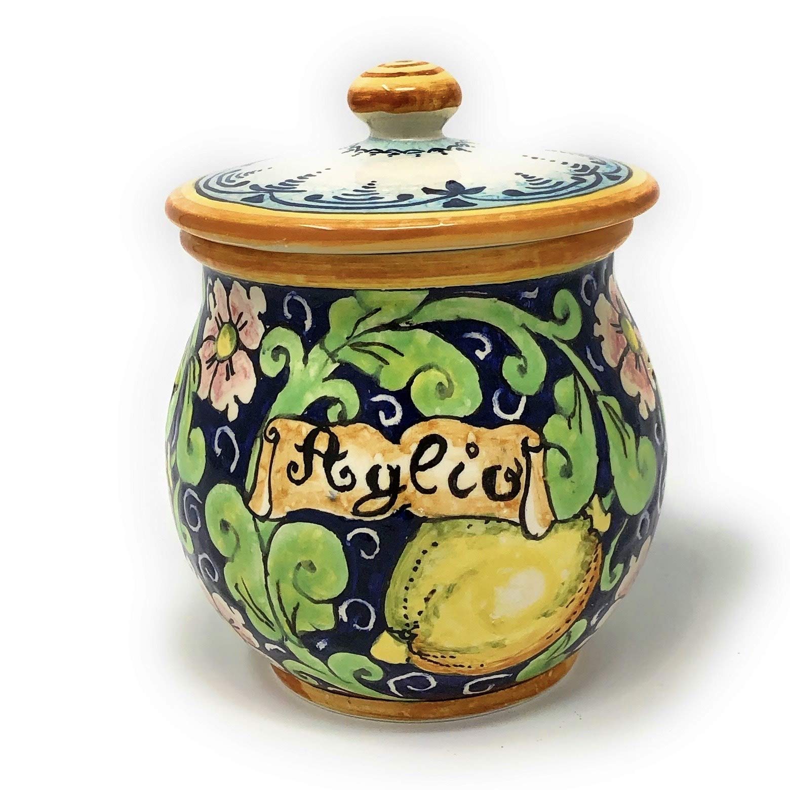 Italian Hand-Painted Tuscan Ceramic Garlic Jar Holder - Lemon Decor Art Pottery from Italy | Perfect for Kitchen Decor, Gift Ideas & Mediterranean Style Homes