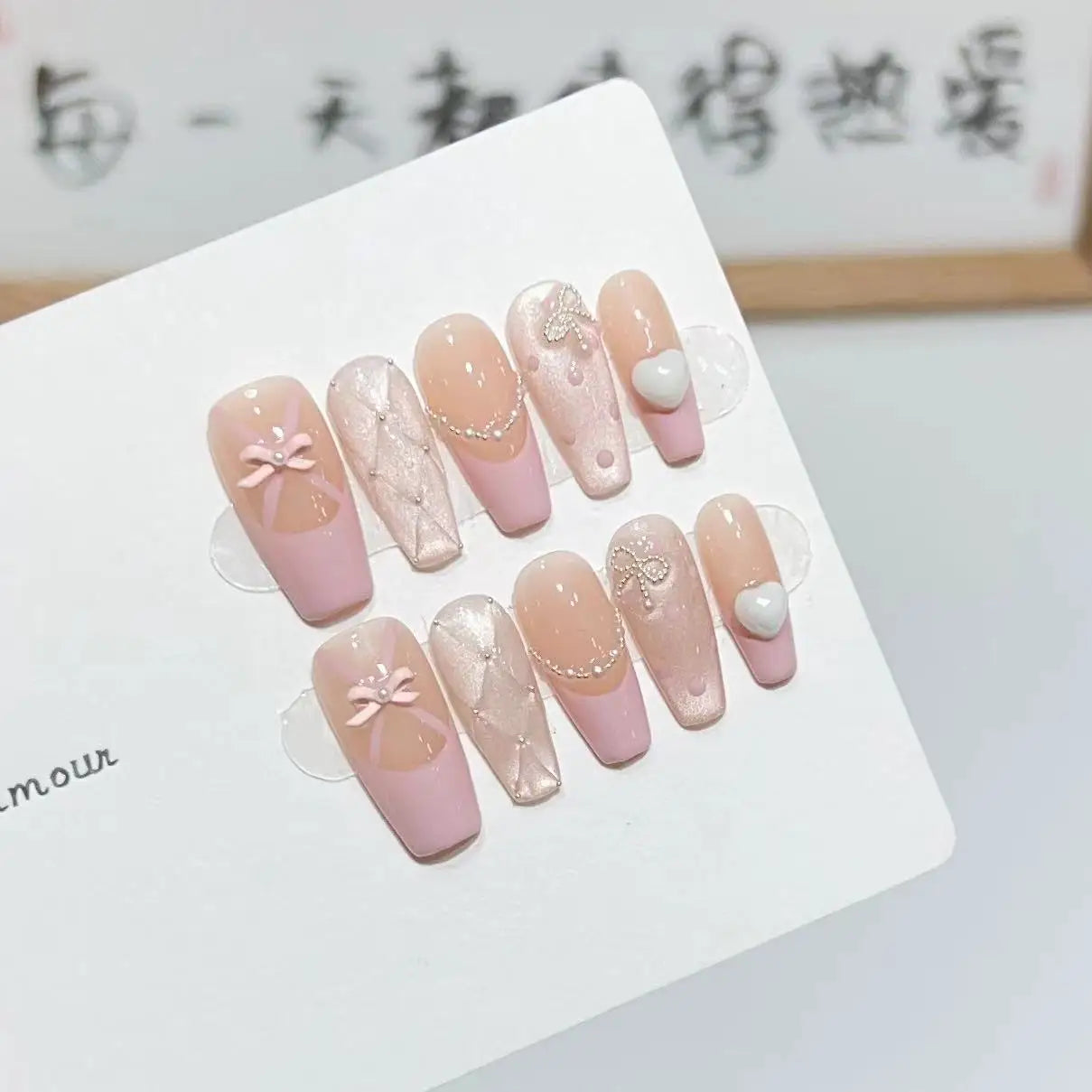 10Pcs Mid-Length Ballet Cat Eye Handmade Gel Nails with Glue - Sweet Mori Girl Nail Art, Shimmery Butterfly Fake Nails for Manicure Tips - Perfect for Parties, Weddings & Daily Wear