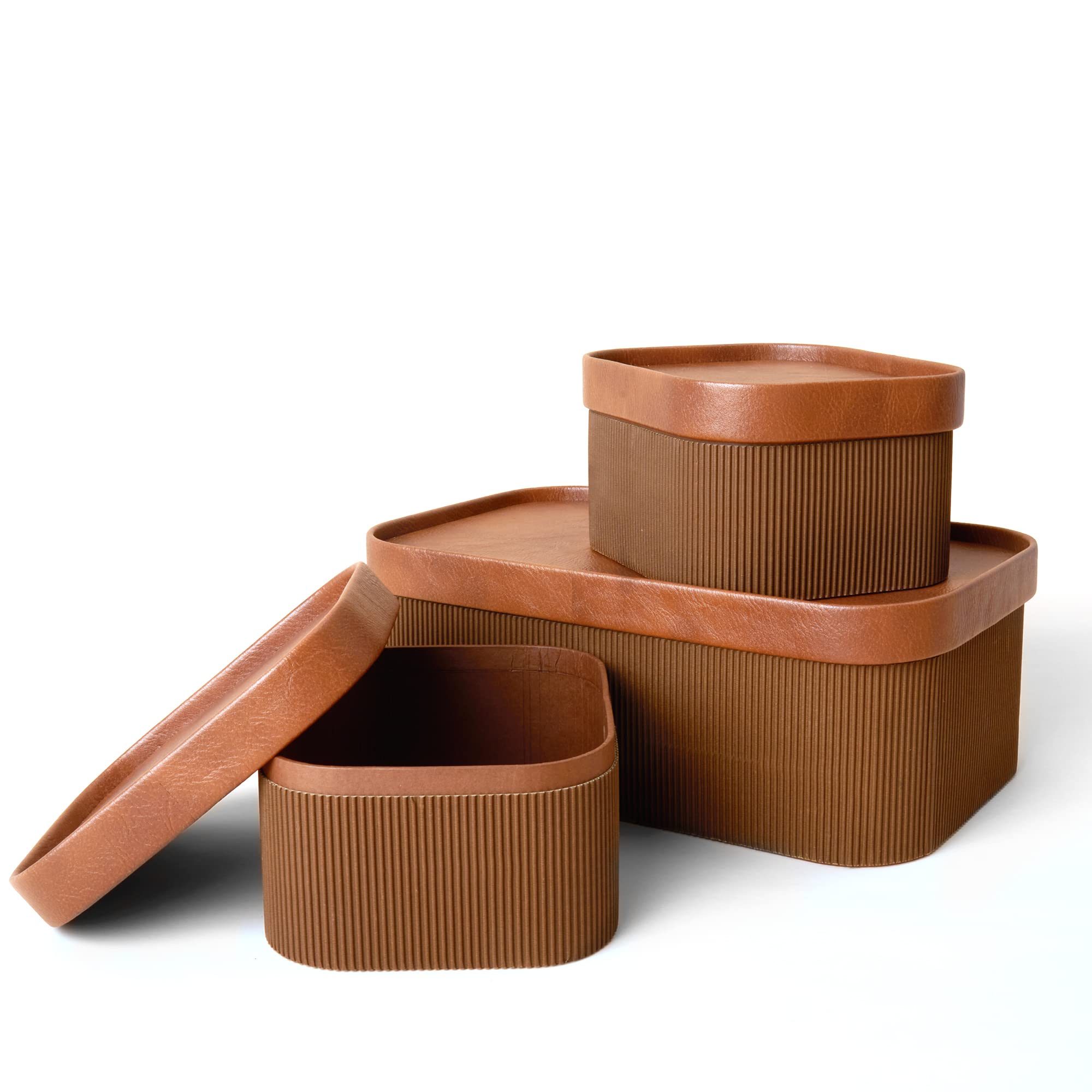 LA JOLIE MUSE Fluted Cardboard Storage Baskets with Leather-Like Lids - Sturdy Stackable Paper Boxes & Decorative Trays (Set of 3, Chocolate Brown) for Home Organization, Bedroom Decor & Gift Wrapping