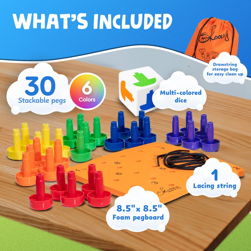 Skoolzy 33-Piece Peg Board Set - Montessori Educational Toys for Toddlers Ages 2+ | Occupational Therapy Learning Toy with Pegs, Dice & Lacing String | Includes Storage Bag - Perfect for Preschool Learning, Fine Motor Skills Development & Sensory Play