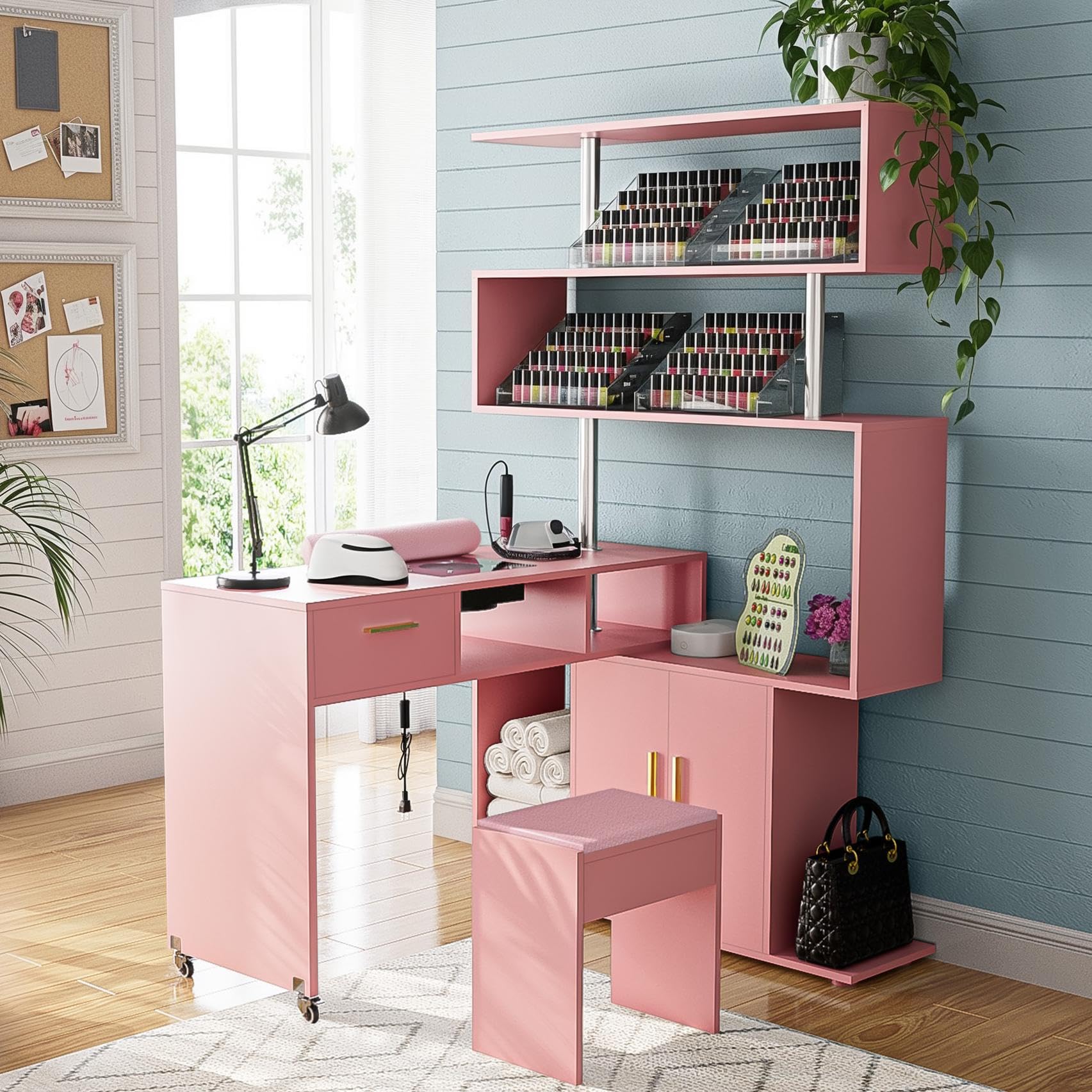 Professional L-Shaped Nail Tech Desk with Dust Collector - Manicure Table with Stool, 2-Way Drawers, Storage Cabinet & Shelves, Mobile Rotating Workstation for Salon & Home Use (Pink) - Perfect for Nail Artists, Beauty Technicians & DIY Enthusiasts