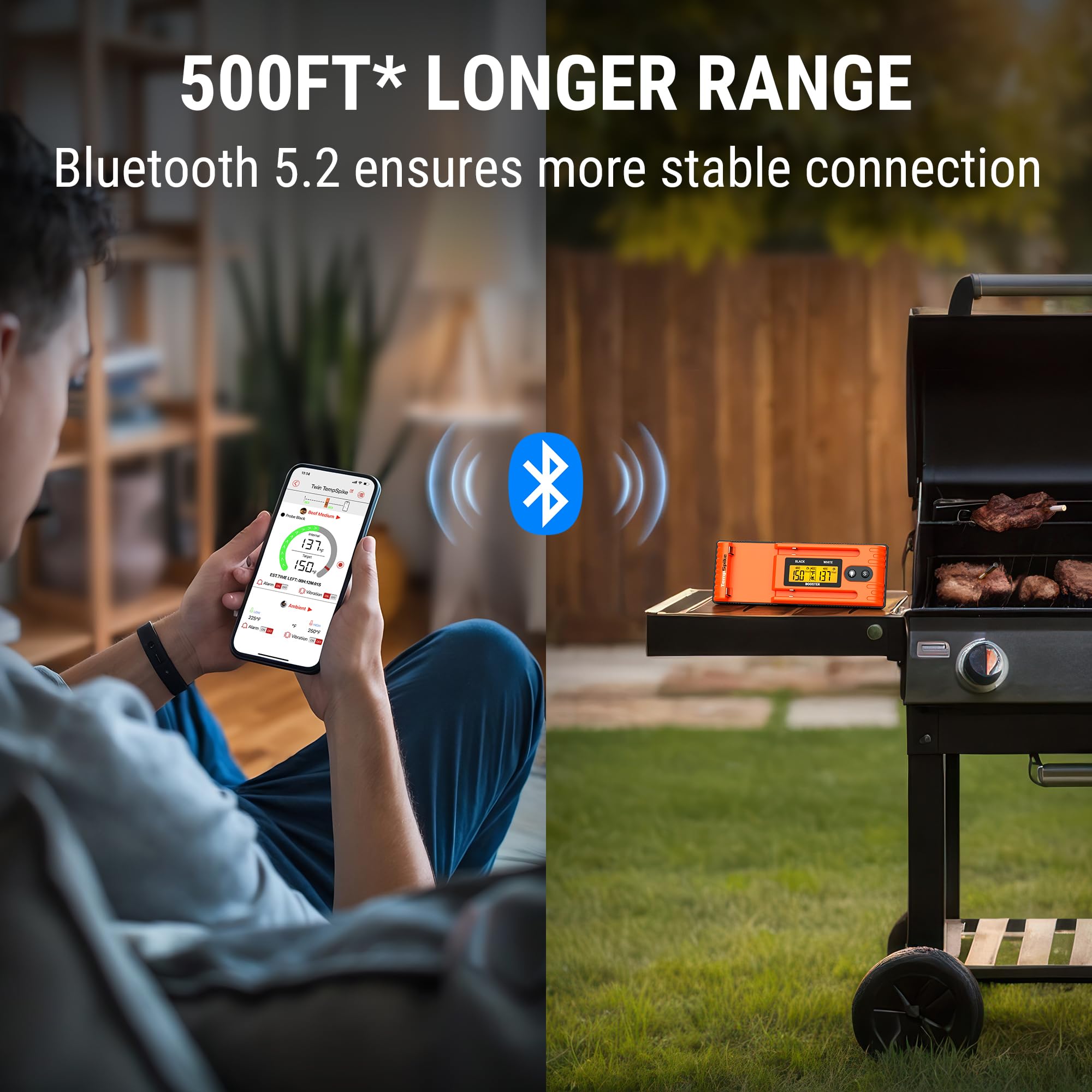 ThermoPro TempSpike Wireless Meat Thermometer with 2 Probes - 500FT Bluetooth Range for Cooking Turkey, Beef, BBQ & Smoker - LCD Enhanced Booster | Perfect for Grilling, Roasting, Smoking & Oven Cooking