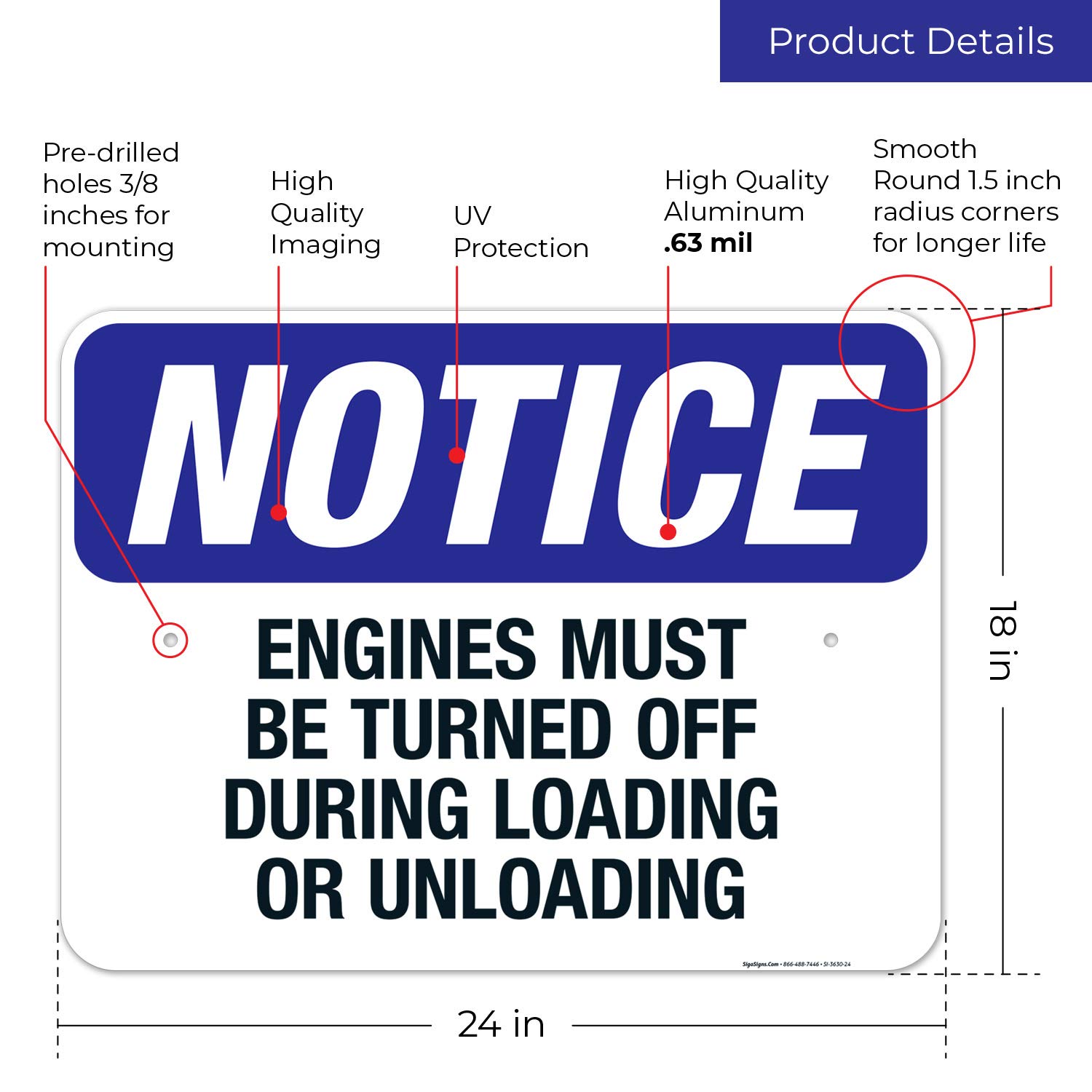 OSHA Compliant 'Engines Must Be Turned Off During Loading/Unloading' Safety Sign - 18x24 Inch Rust-Free .063 Aluminum, Fade-Resistant for Indoor & Outdoor Use - Made in USA - Perfect for Warehouses, Truck Docks & Industrial Facilities