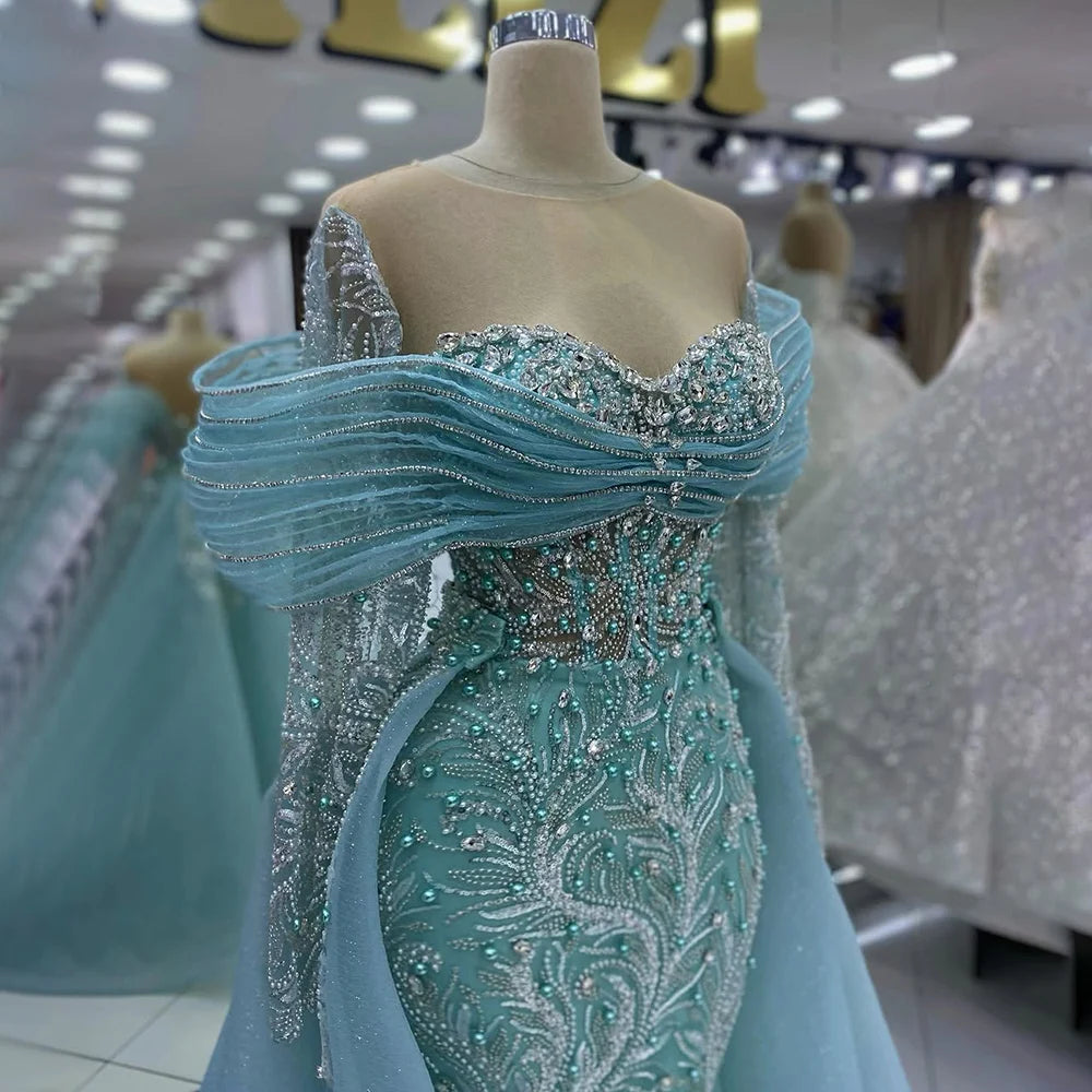 Elegant Navy Blue Long Sleeve Evening Gown with Detachable Overskirt LA72841 - Perfect for Formal Events, Prom Dresses & Wedding Guest Outfits