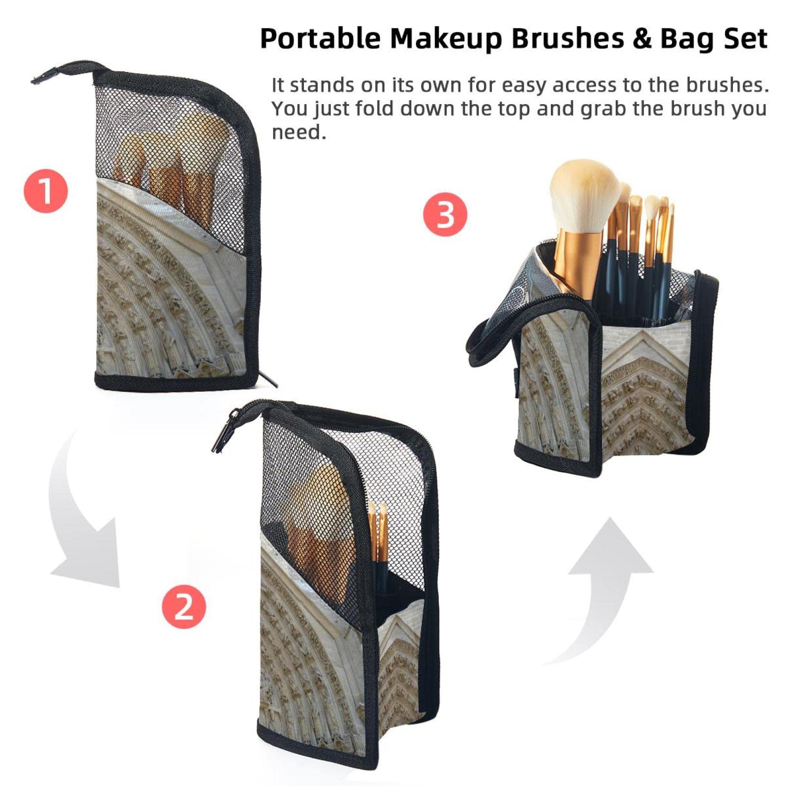 12-Piece Makeup Brush Organizer Bag with French Architecture Design - Portable Travel Cosmetic Brush Holder Case for Professional Makeup Artists & Beauty Enthusiasts - Perfect for Home, Salon, and On-the-Go Use