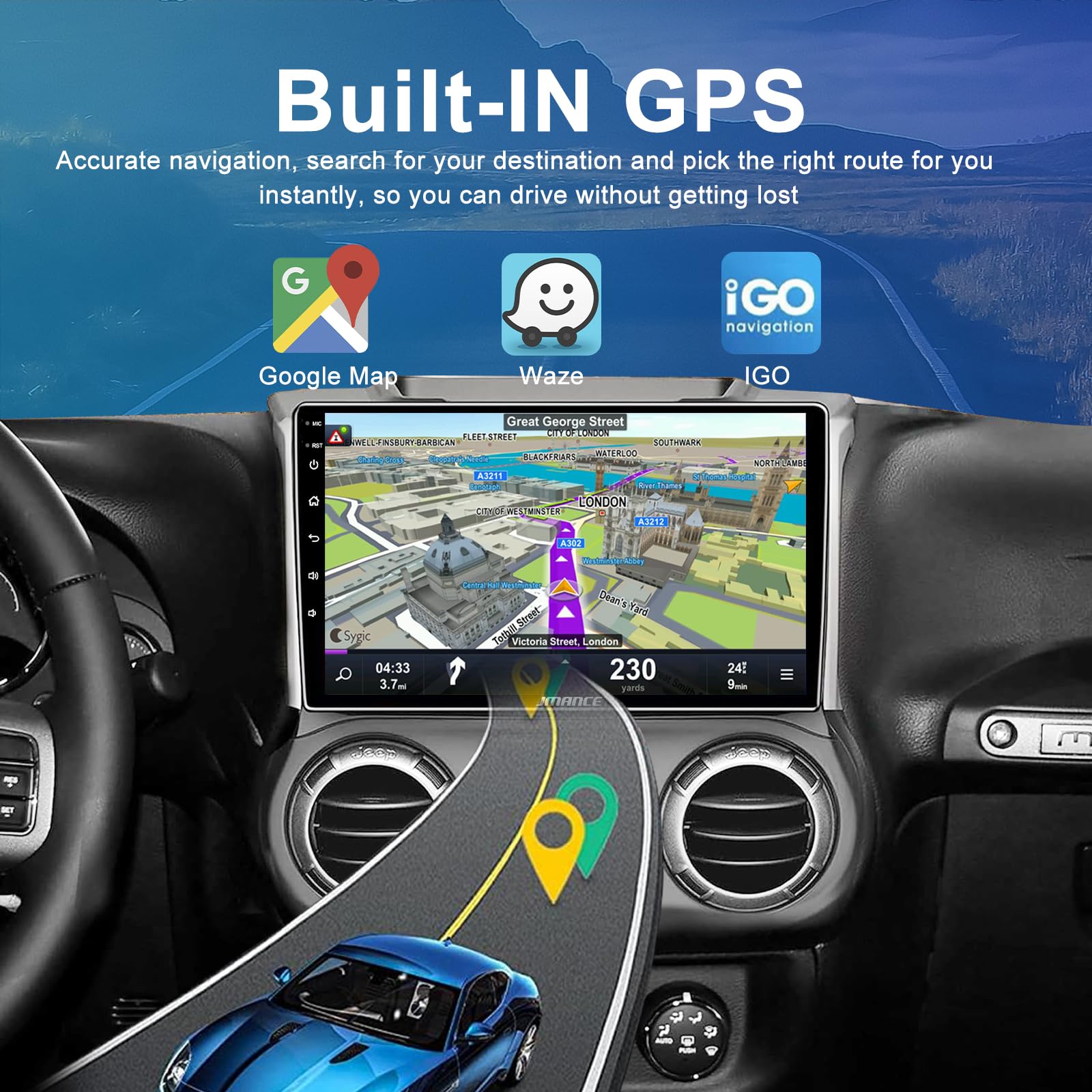 10.1 Inch Android Car Stereo for 2011-2014 Jeep Wrangler - 2+64GB, Touch Screen GPS Navigation with Built-in DSP, Bluetooth, WiFi, Wireless CarPlay & Android Auto, Steering Wheel Control - Perfect for Off-Road Adventures & Daily Commutes