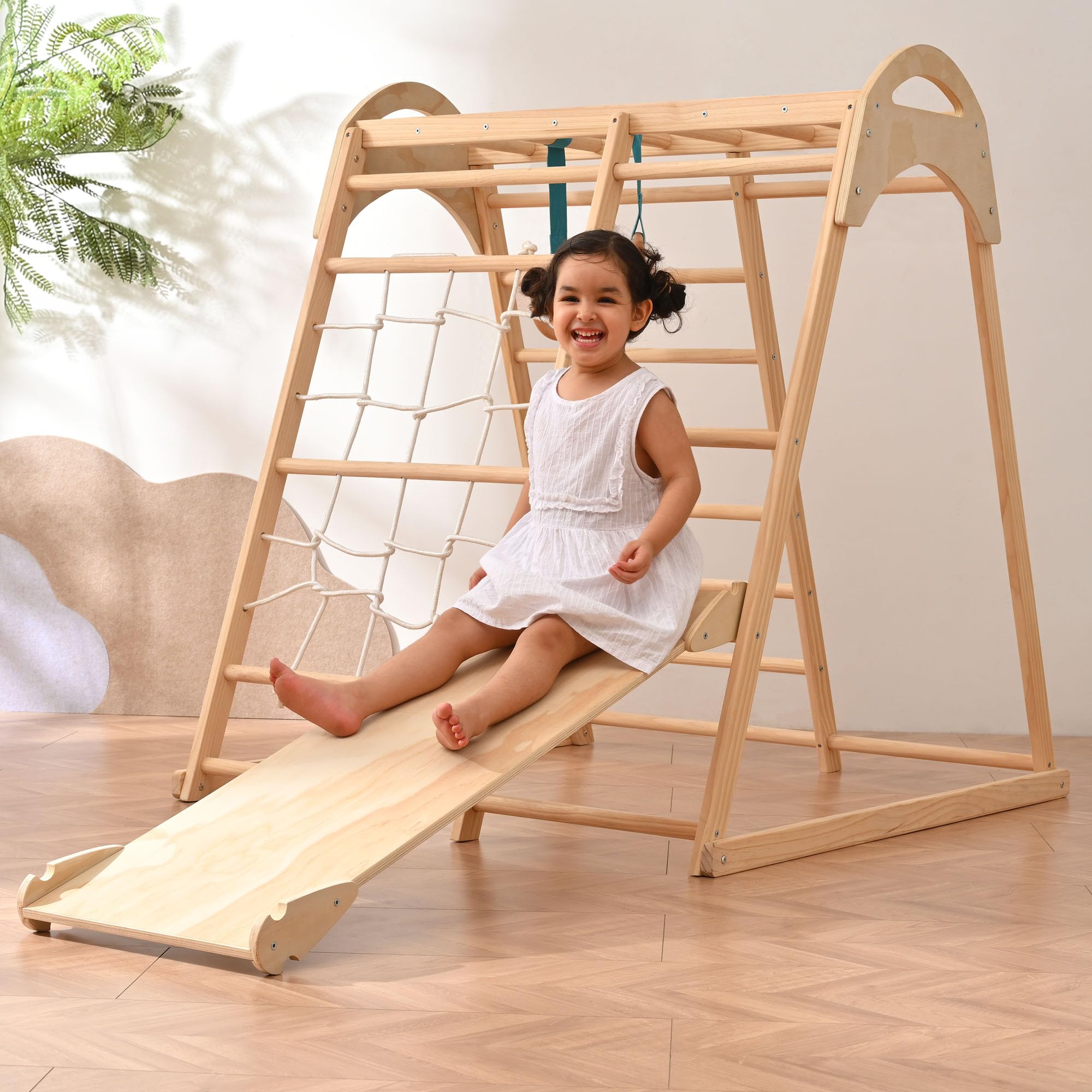OLLIKIVI Wooden Jungle Gym Indoor Playground - Montessori Climber Playset with Tent, Slide, Gymnastics Rings & Climbing Net for Toddlers Ages 1-6 | Perfect for Home Playrooms, Daycares & Preschools