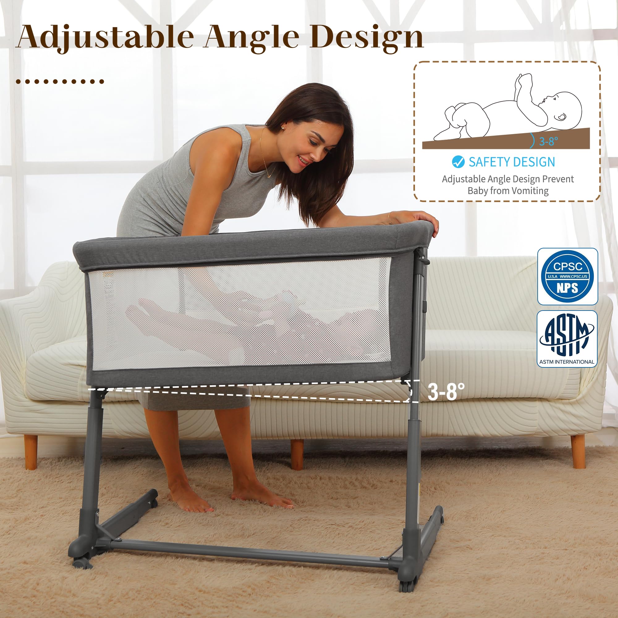 AMKE Baby Bassinet - Breathable Mesh Bedside Sleeper for Newborns | Portable Adjustable Crib for Safe Co-Sleeping | Nursery Essential for Infants 0-6 Months (Dark Gray) | Perfect for Bedroom, Nursery & Travel