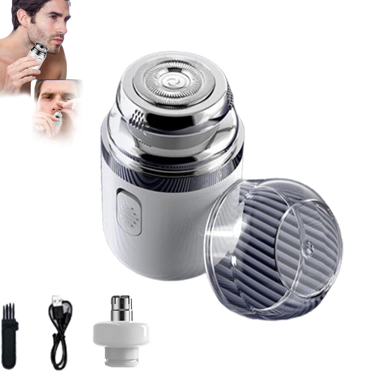 Portable Electric Shaver for Men - Mini Capsule Razor with Nose Hair Trimmer, Waterproof & Rechargeable - Perfect for Travel, Gym & Daily Grooming (White)